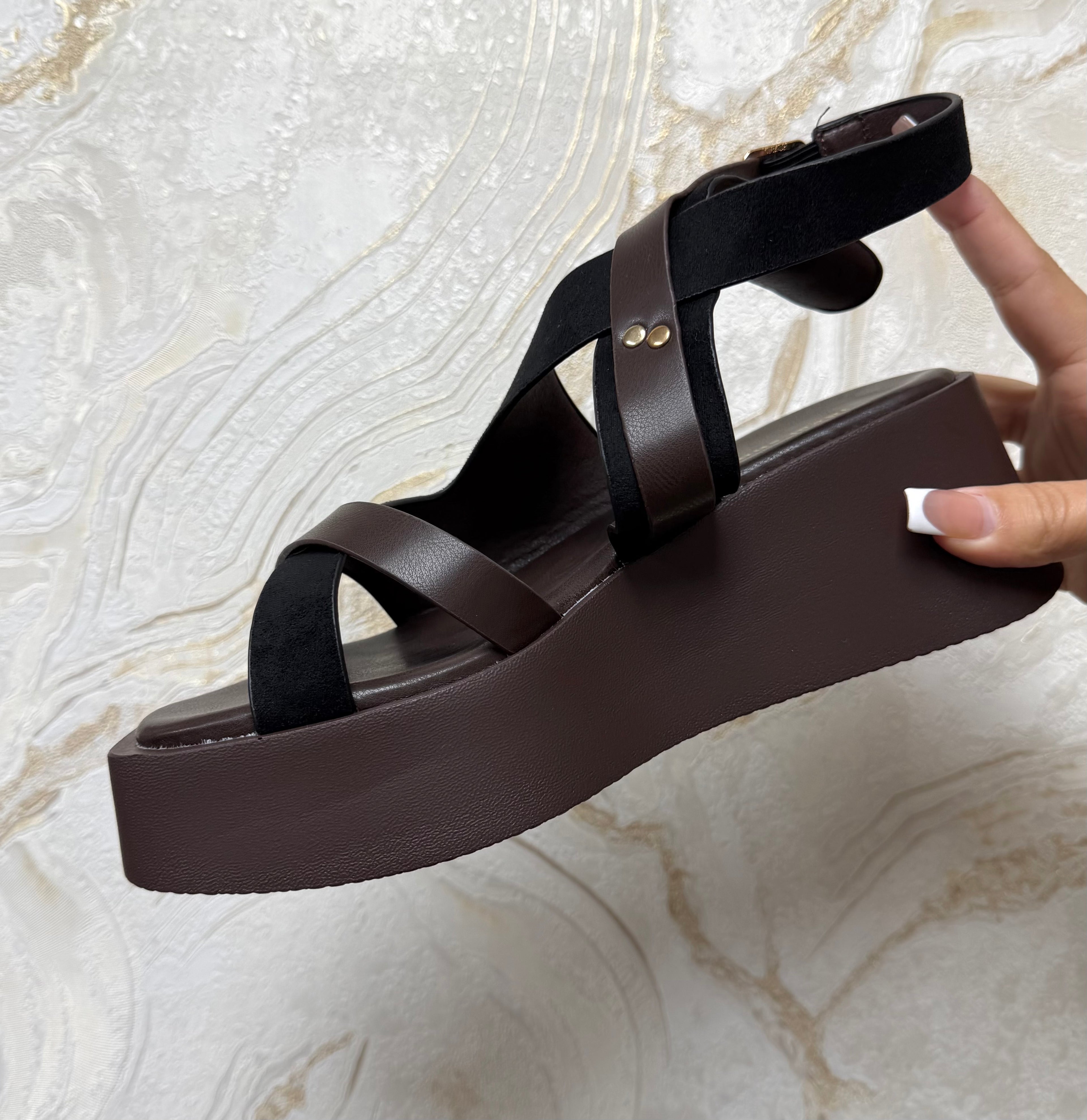 Faux Suede Strappy Flatform Wedge Sandals - Black & Brown