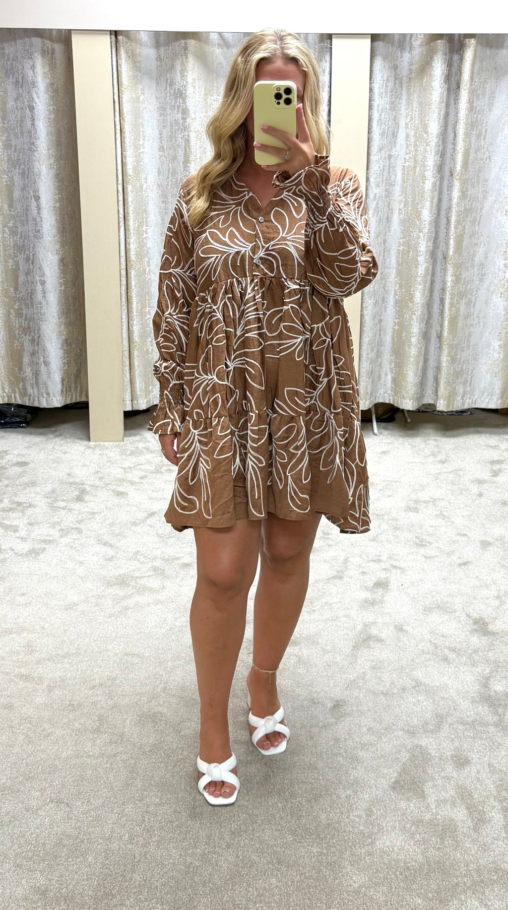 Chocolate Brown & White Embroidered Tiered Floaty Dress