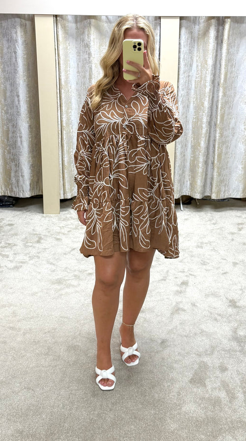Chocolate Brown & White Embroidered Tiered Floaty Dress