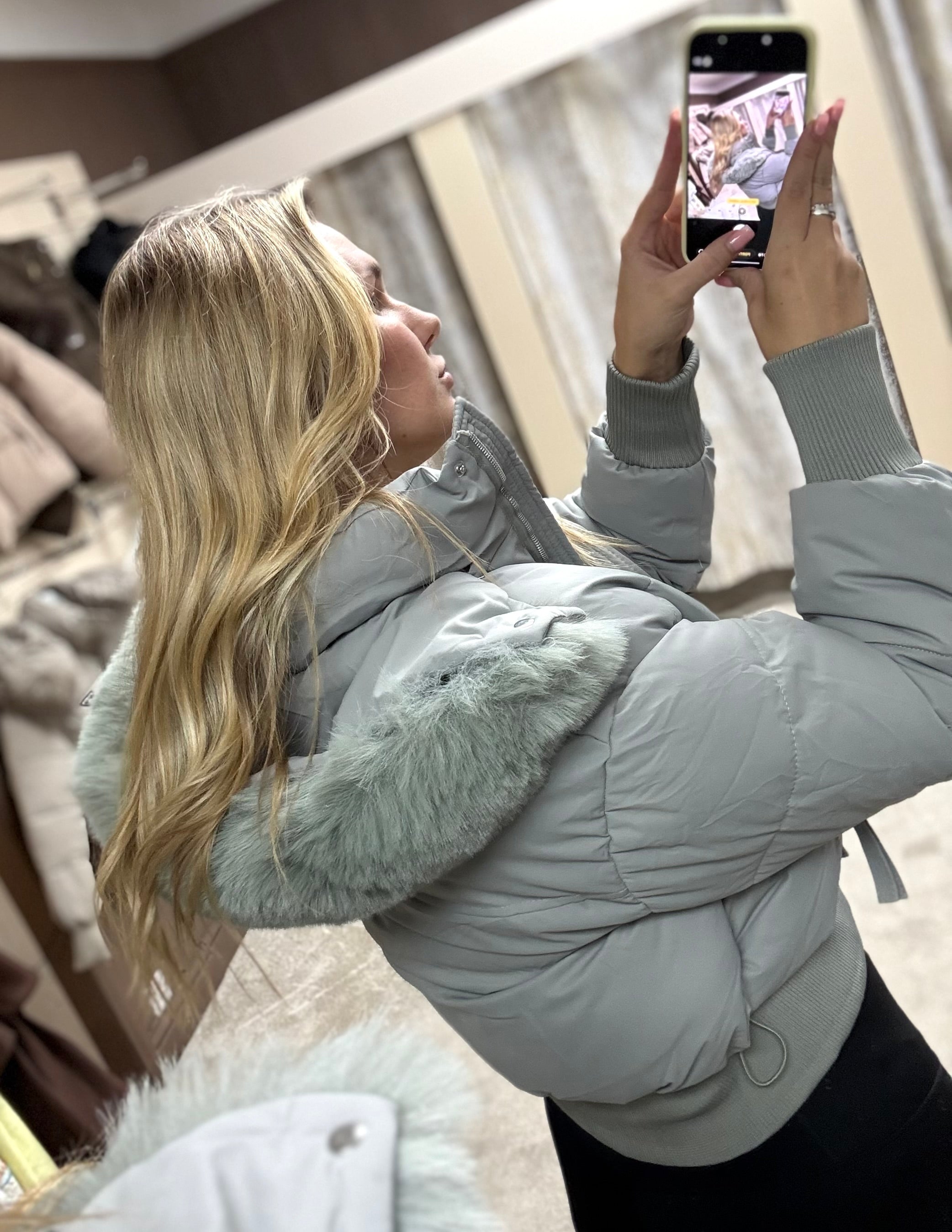 Luxe Faux Fur Paris Logo Coat - Grey / Blue
