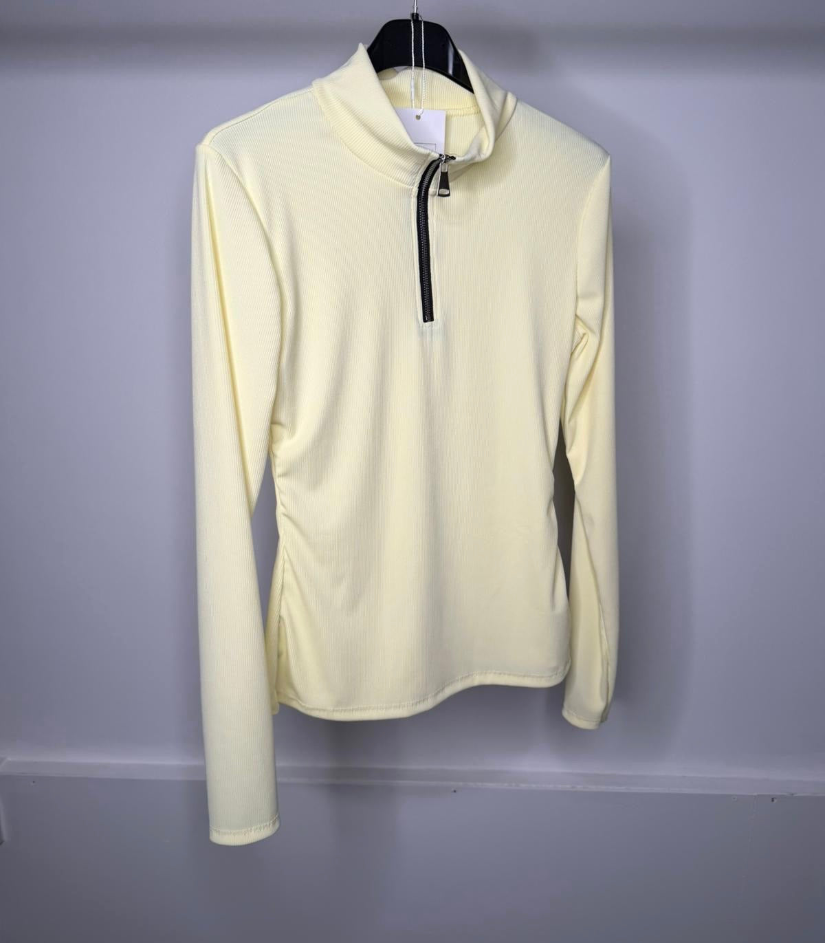 Fine Ribbed Zip Up Long Sleeve Top with Cinched Waist Detailing