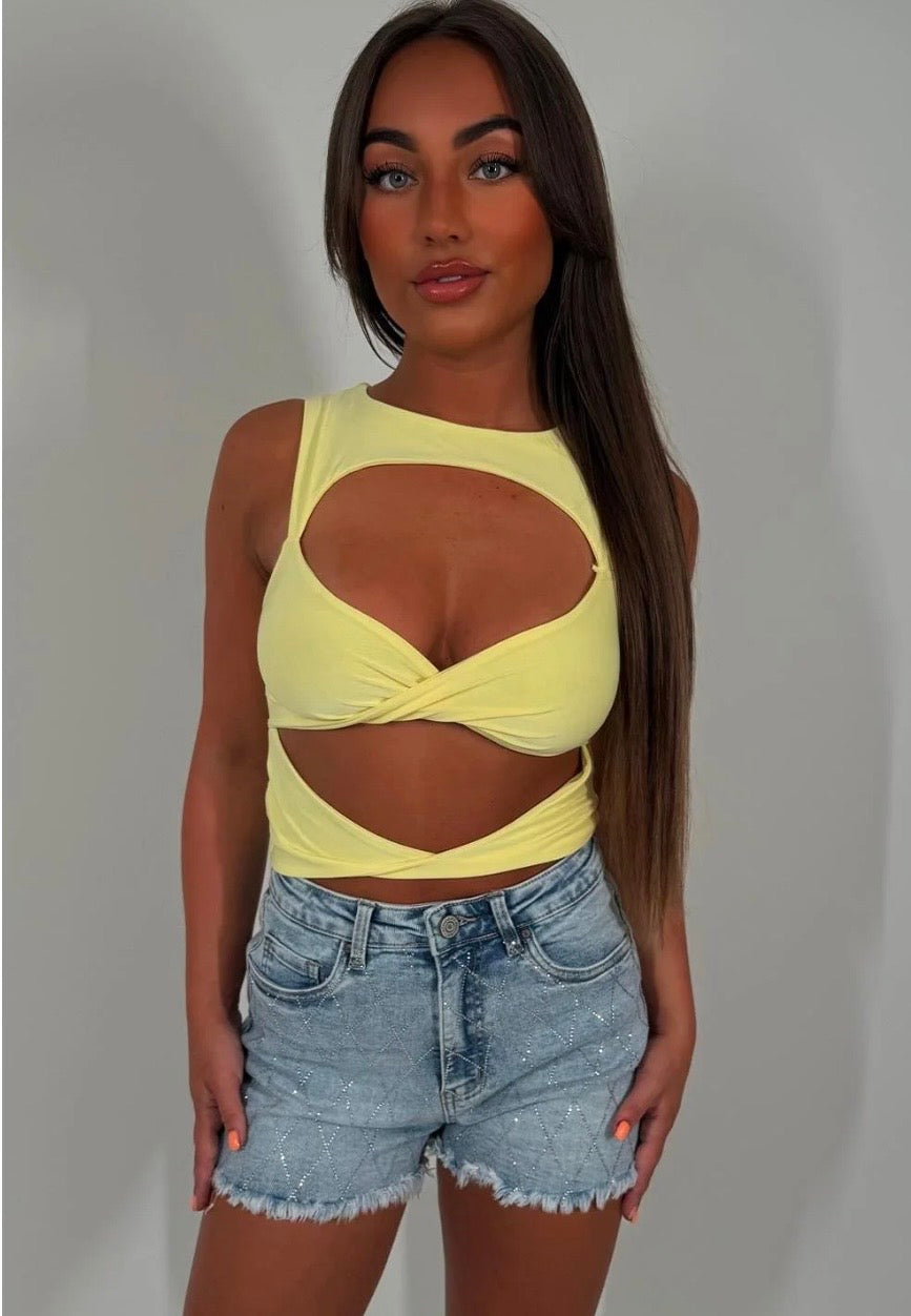 Diamond Detail Diamanté Stretchy Denim Shorts with Frayed Hem