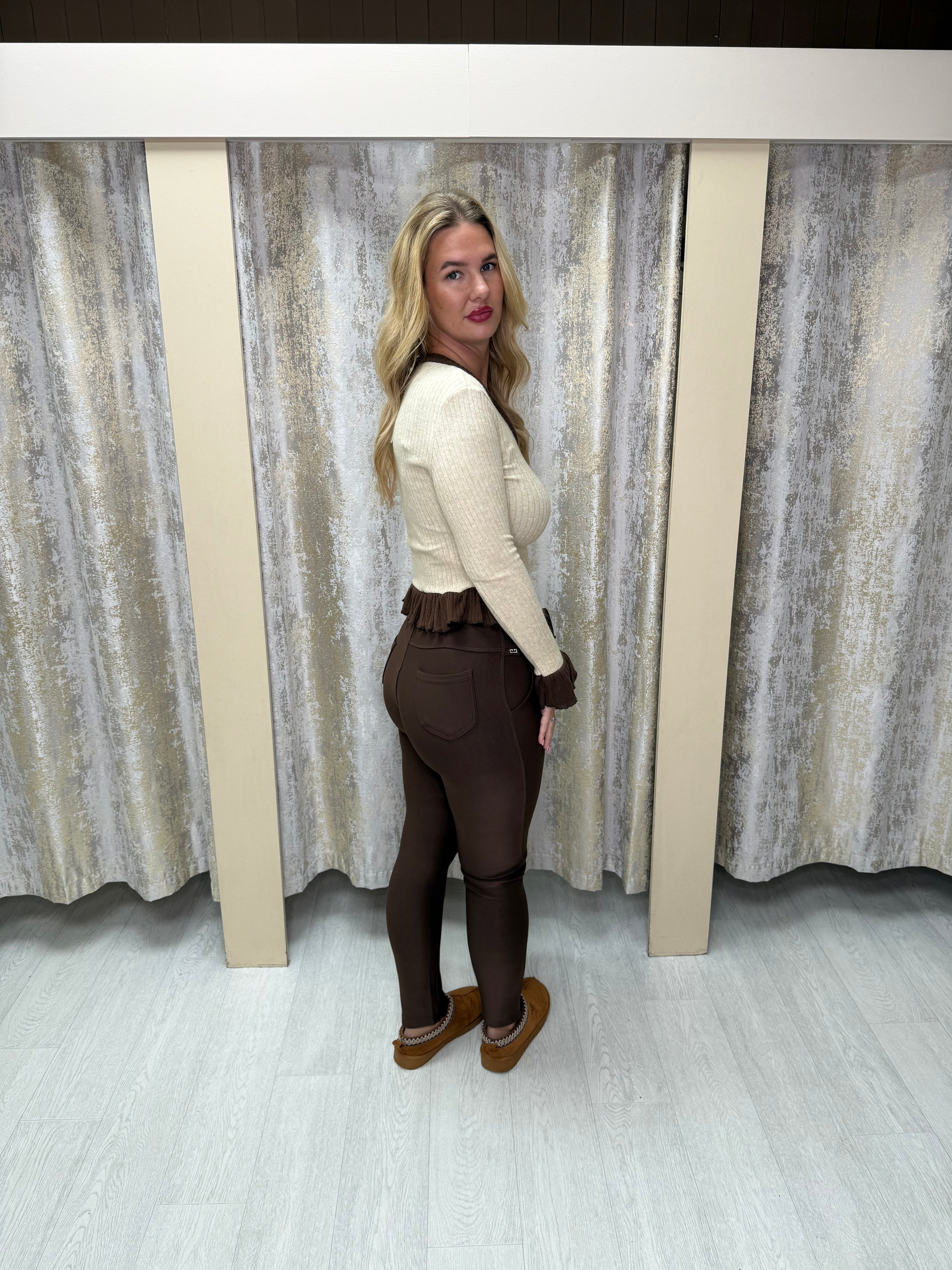 Diamanté Detail High Waisted Shaping Leggings with Pockets - Chocolate Brown