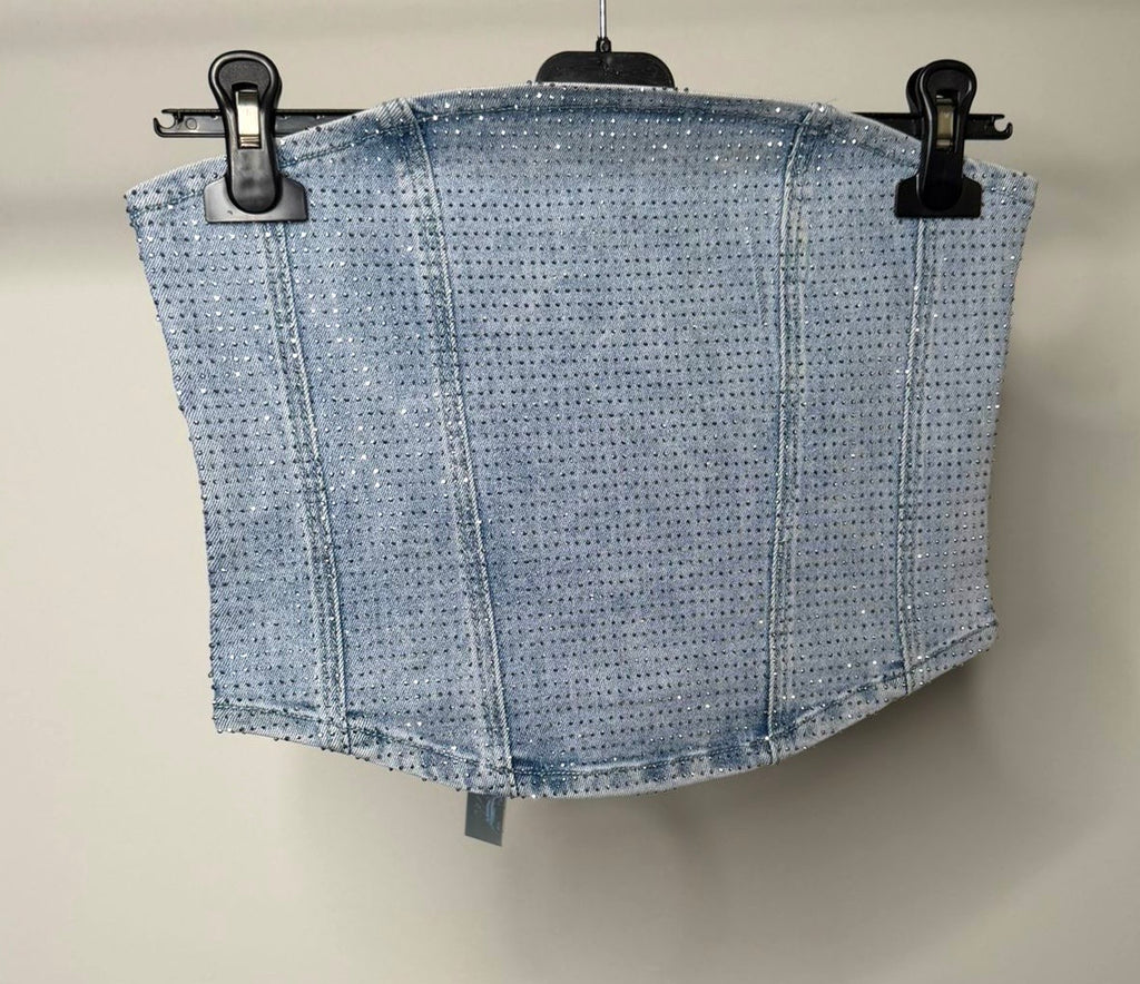 Diamanté Stretchy Denim Zip Up Corset Top