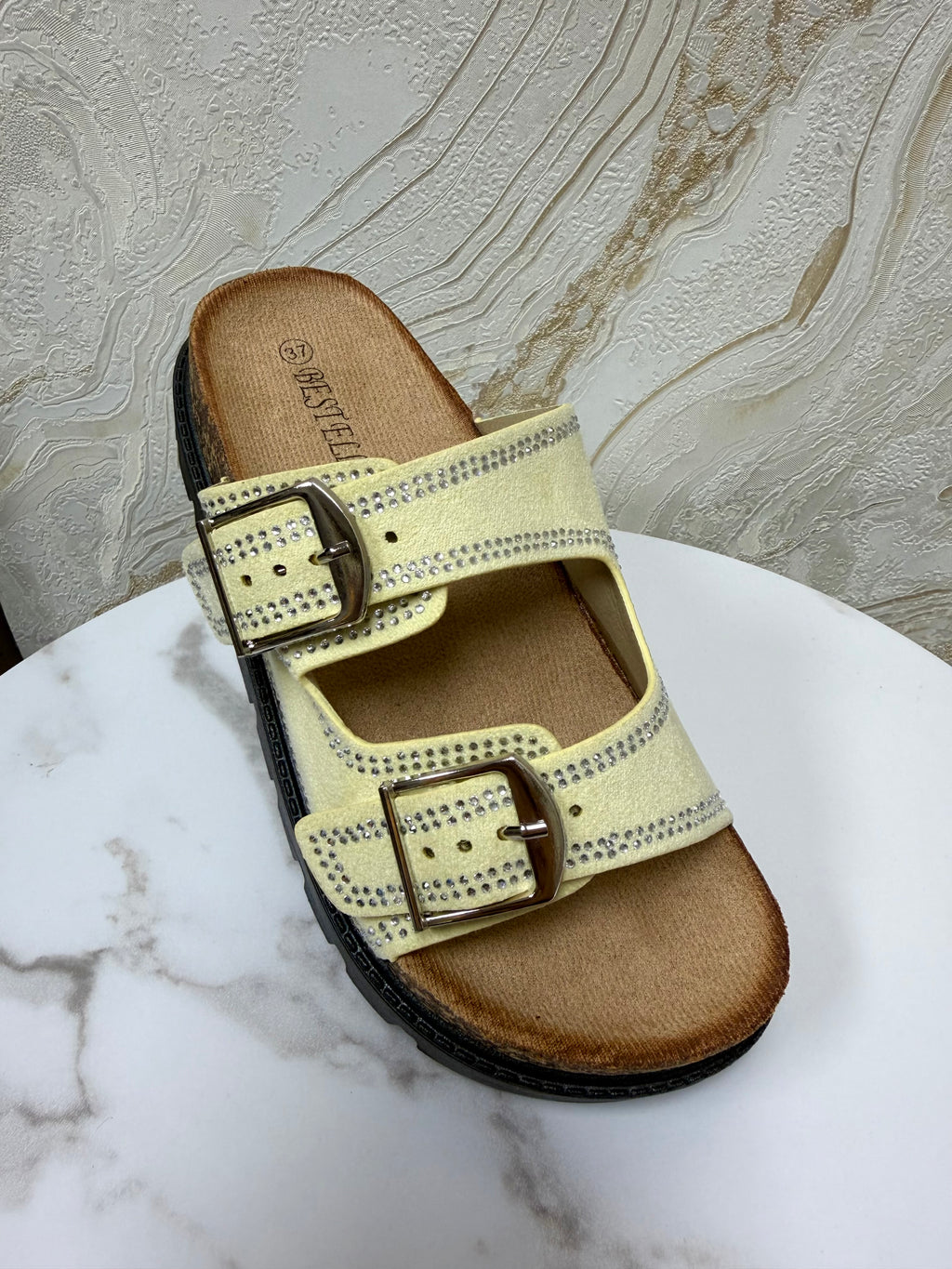 Diamanté Suede Buckle Slider - Lemon