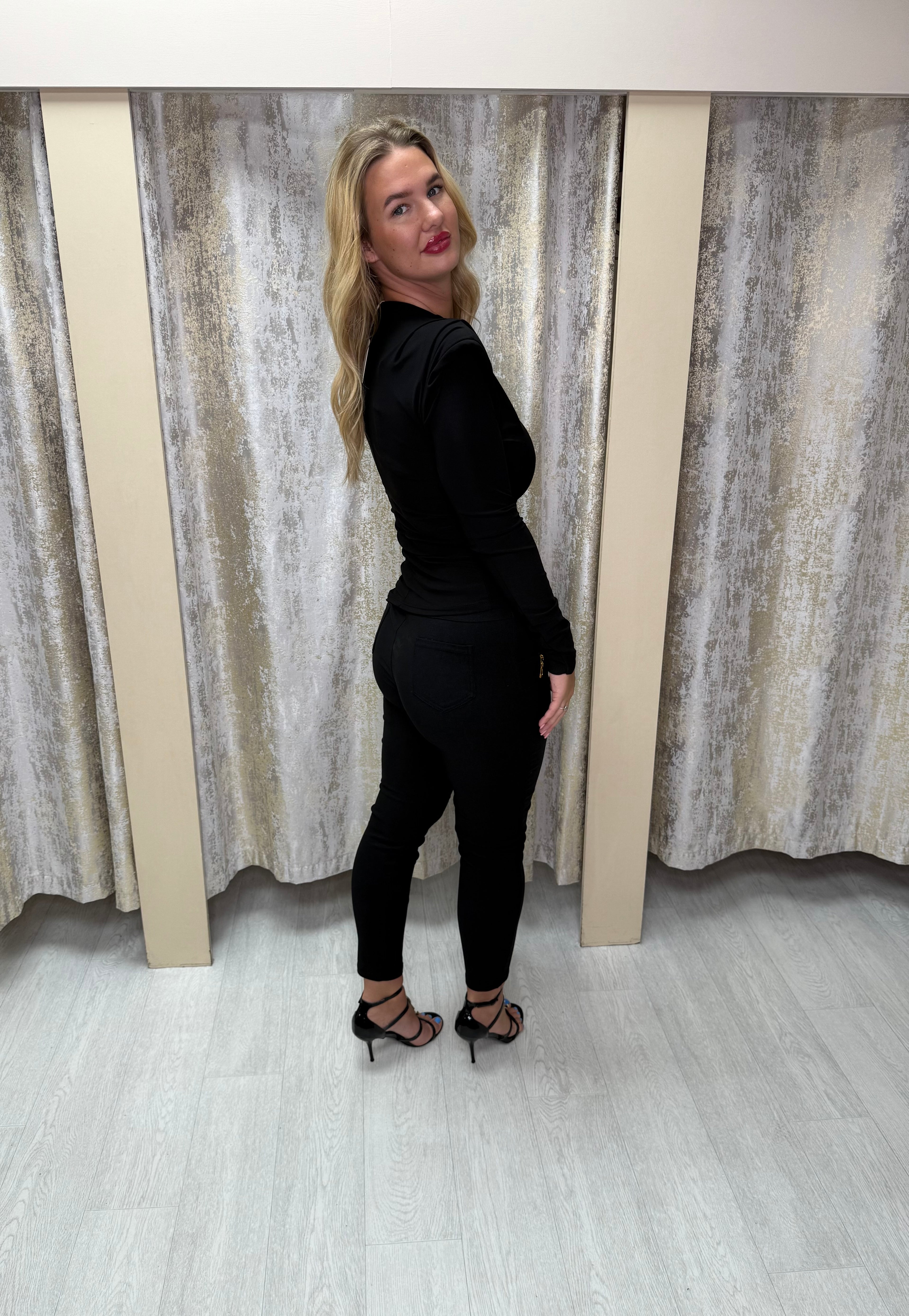 Asymmetric Side Split Long Sleeve Buckle Top with Shoulder Pads & Ruched Detailing