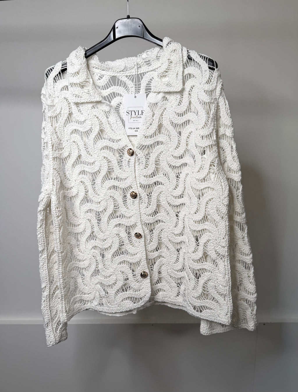White Crochet Collared Cardigan With Gold Button Detail