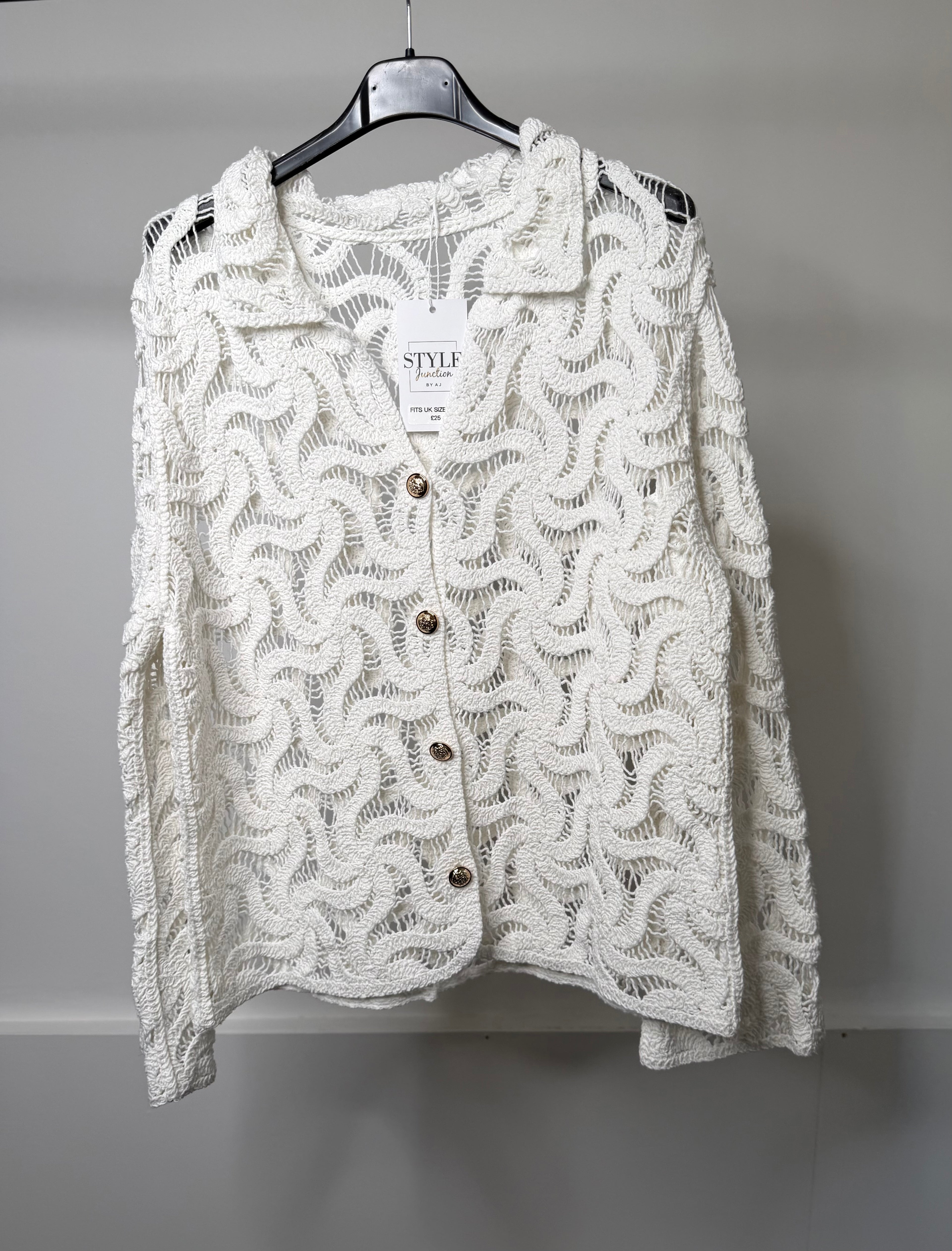 White Crochet Collared Cardigan With Gold Button Detail