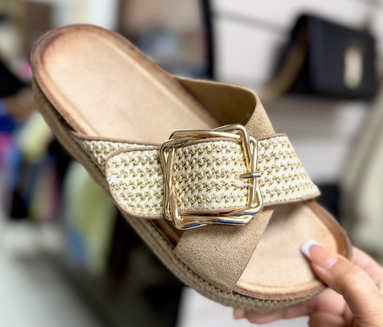 Woven Gold Buckle Details Platform Sliders