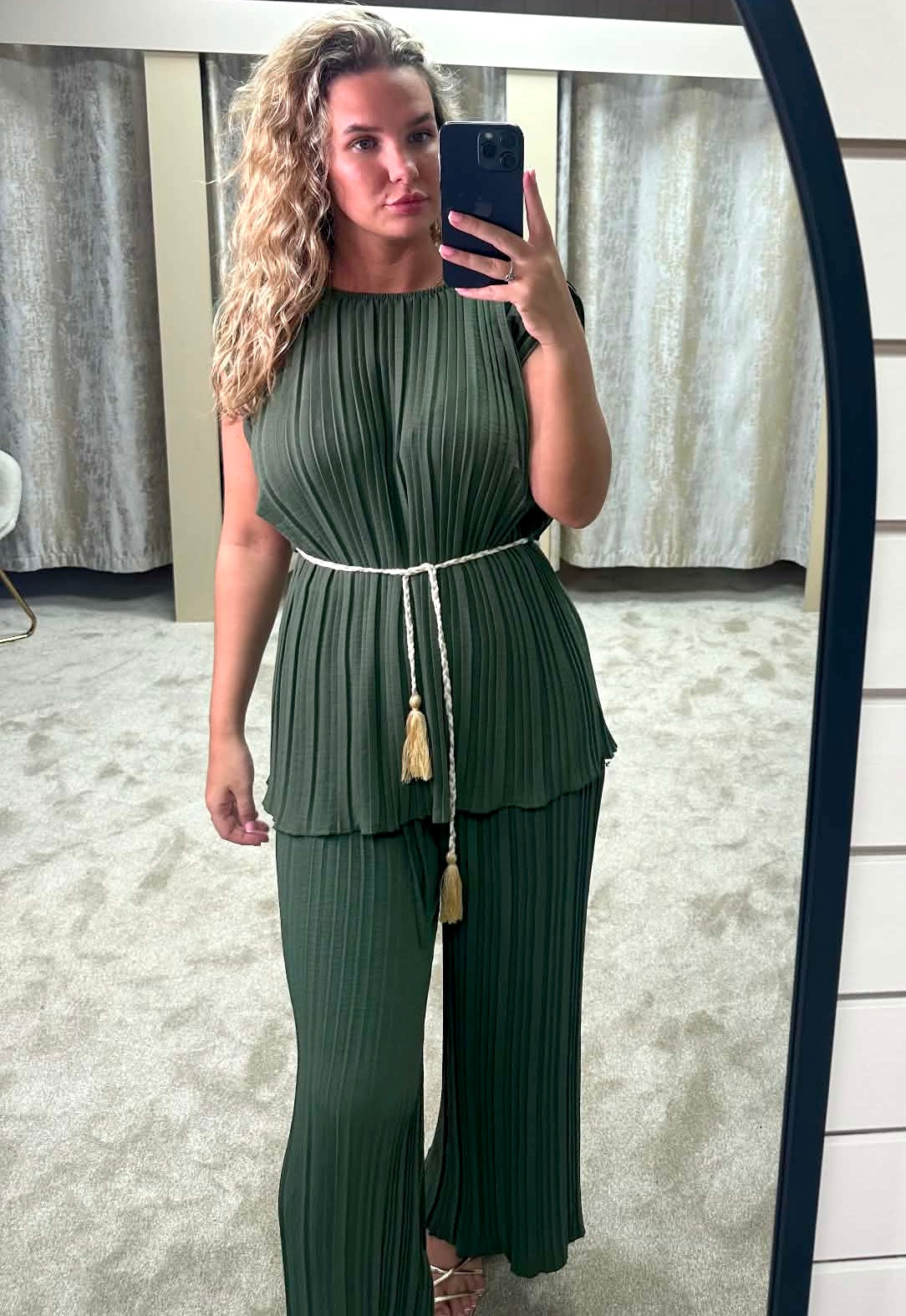 Pleated Shoulder Pad Tie Waist Top & Trouser Co Ord