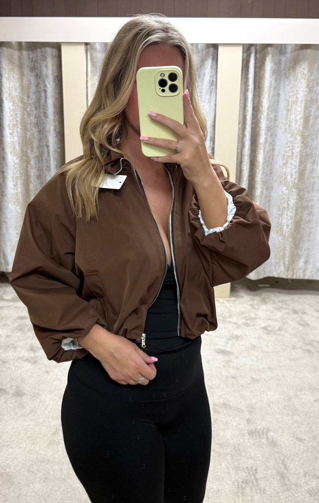 Ruched Collar Detail Waist Cinching Elasticated Zip Up Jacket