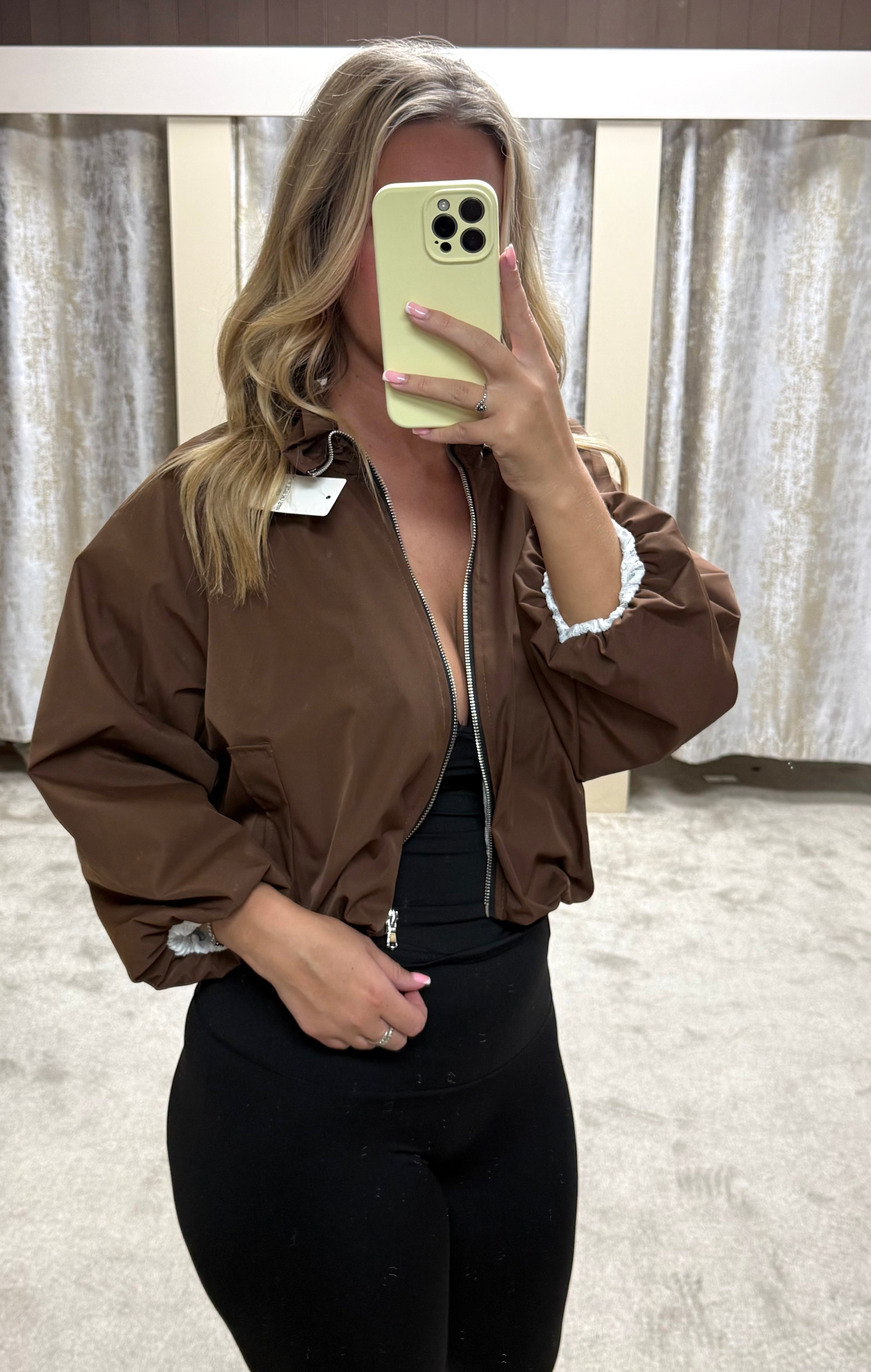 Ruched Collar Detail Waist Cinching Elasticated Zip Up Jacket