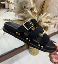 Black & Gold Detail Faux Suede Sliders with Adjustable Buckle