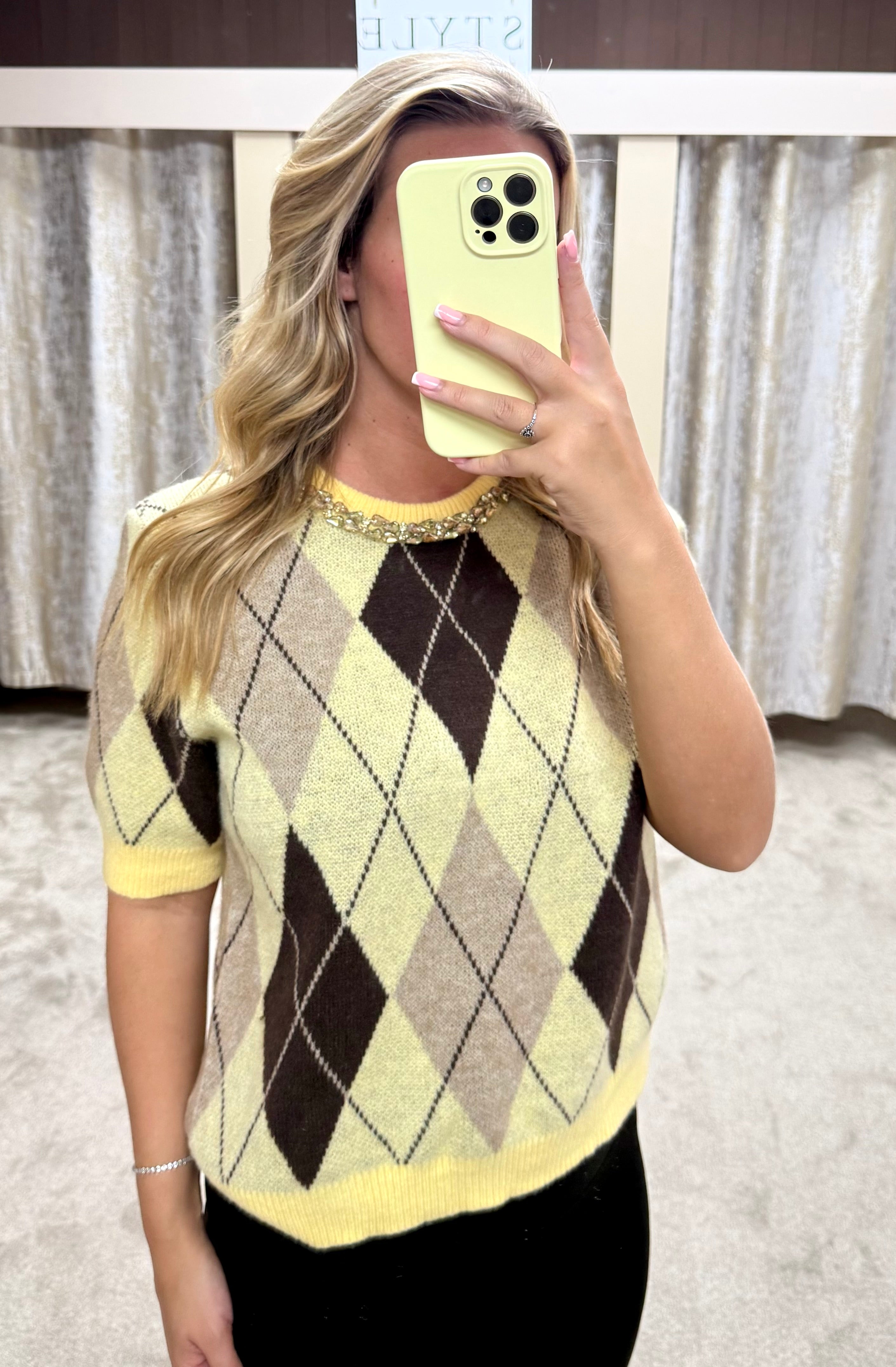 Diamanté Neckline Argyle Short Sleeve Sweatshirt
