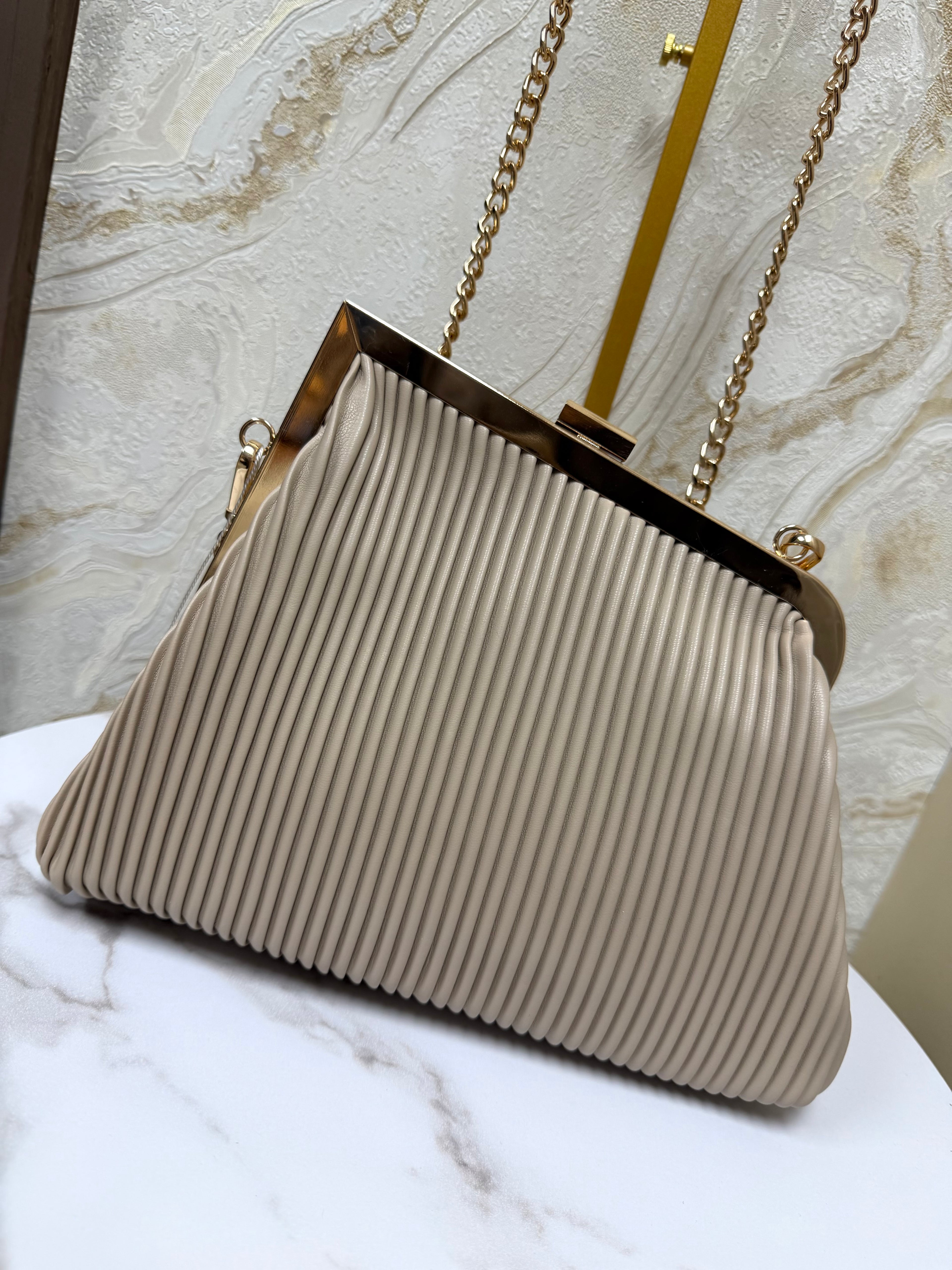 Boujee Asymmetrical Soft Ribbed Bag - Beige