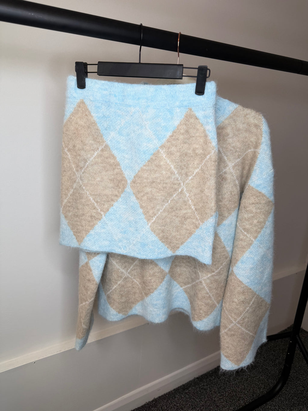 Diamond Check Pastel Soft Knit Jumper & Skirt Co Ord