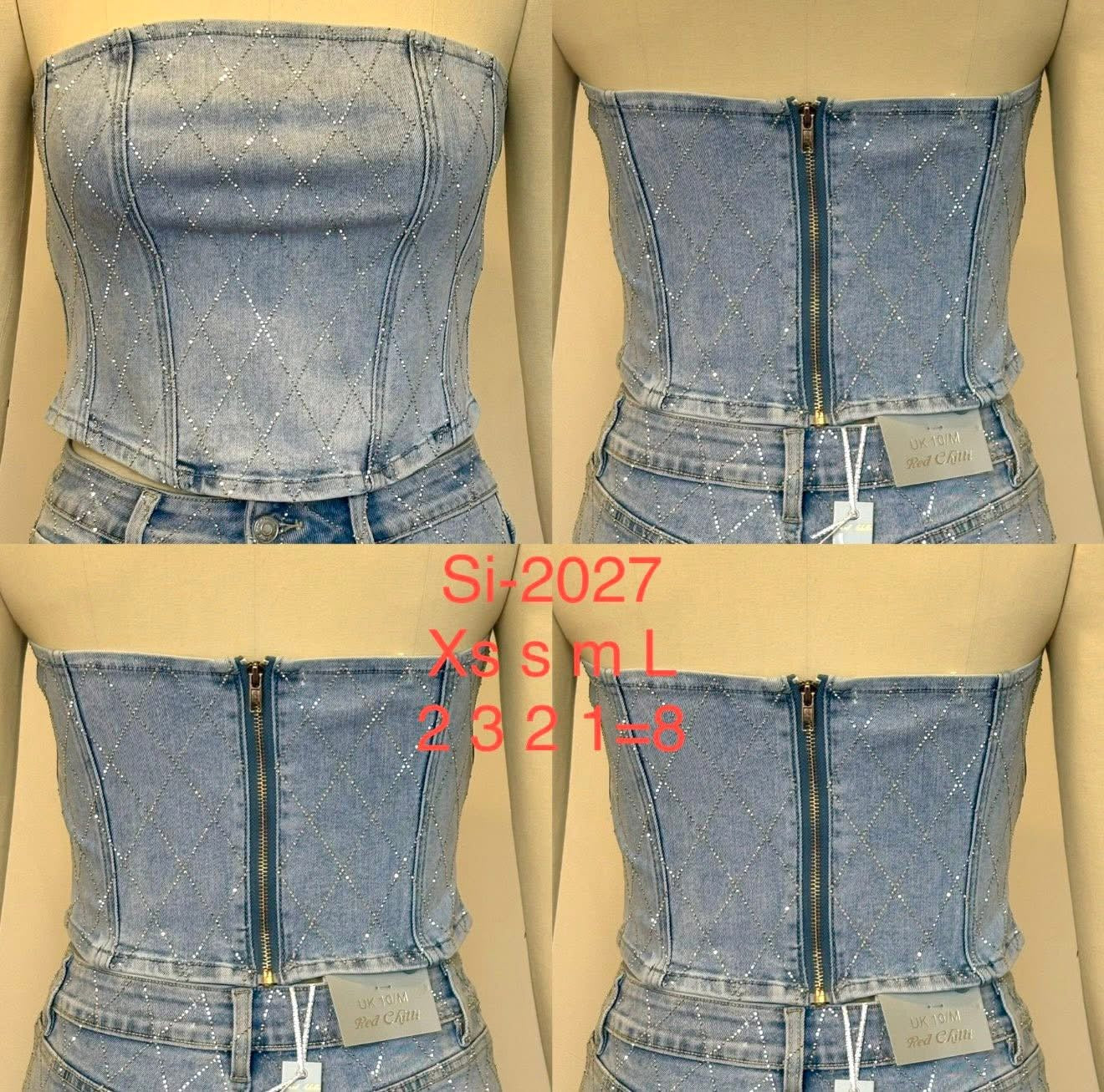 Diamond Detail Diamanté Stretchy Denim Zip Up Corset Top