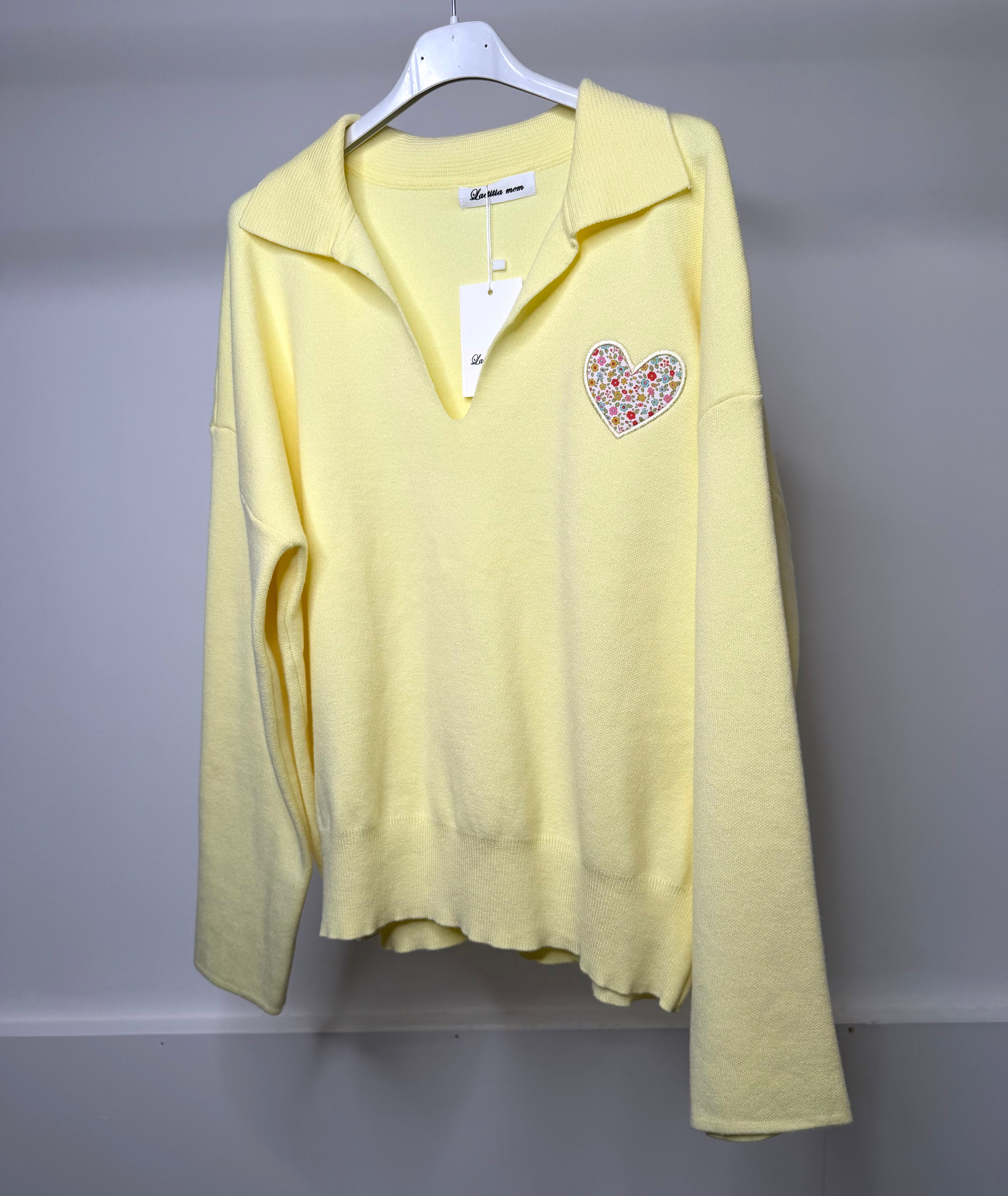 Floral Print Embroidered Heart Detail Collared Sweatshirt