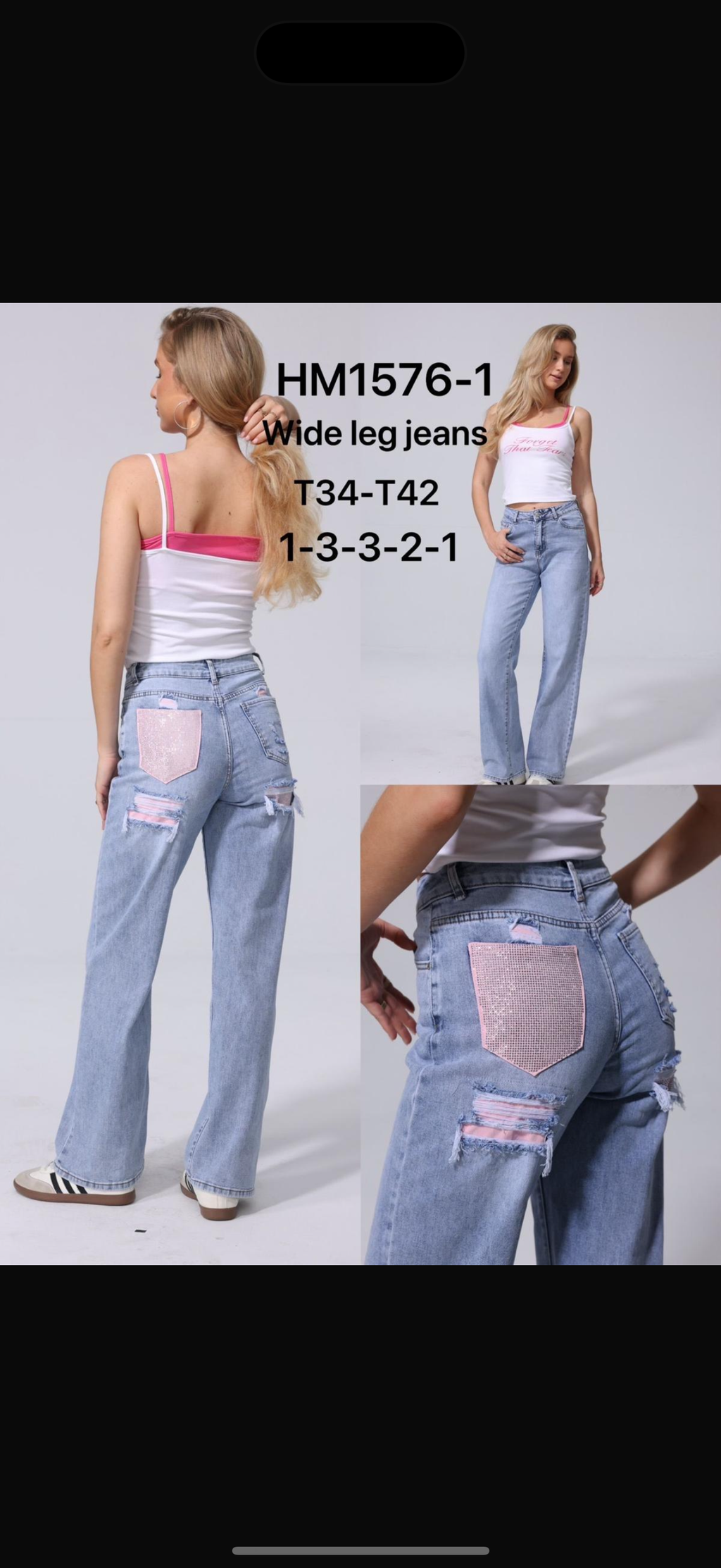 Diamanté Back Pocket Detail Wide Leg Premium Denim Jeans - LEMON POCKET