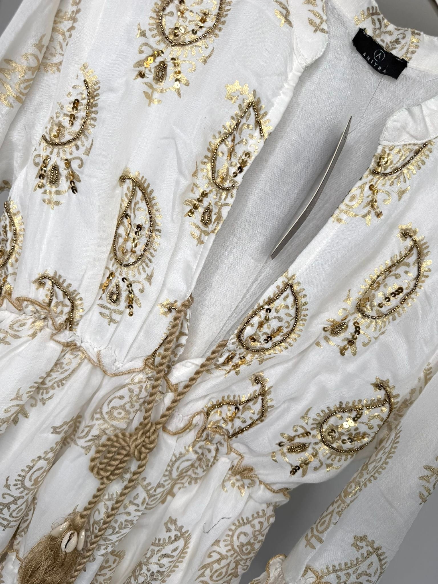 Gold Embellished Shell Tassel Detail Bohemian V Neck Dress