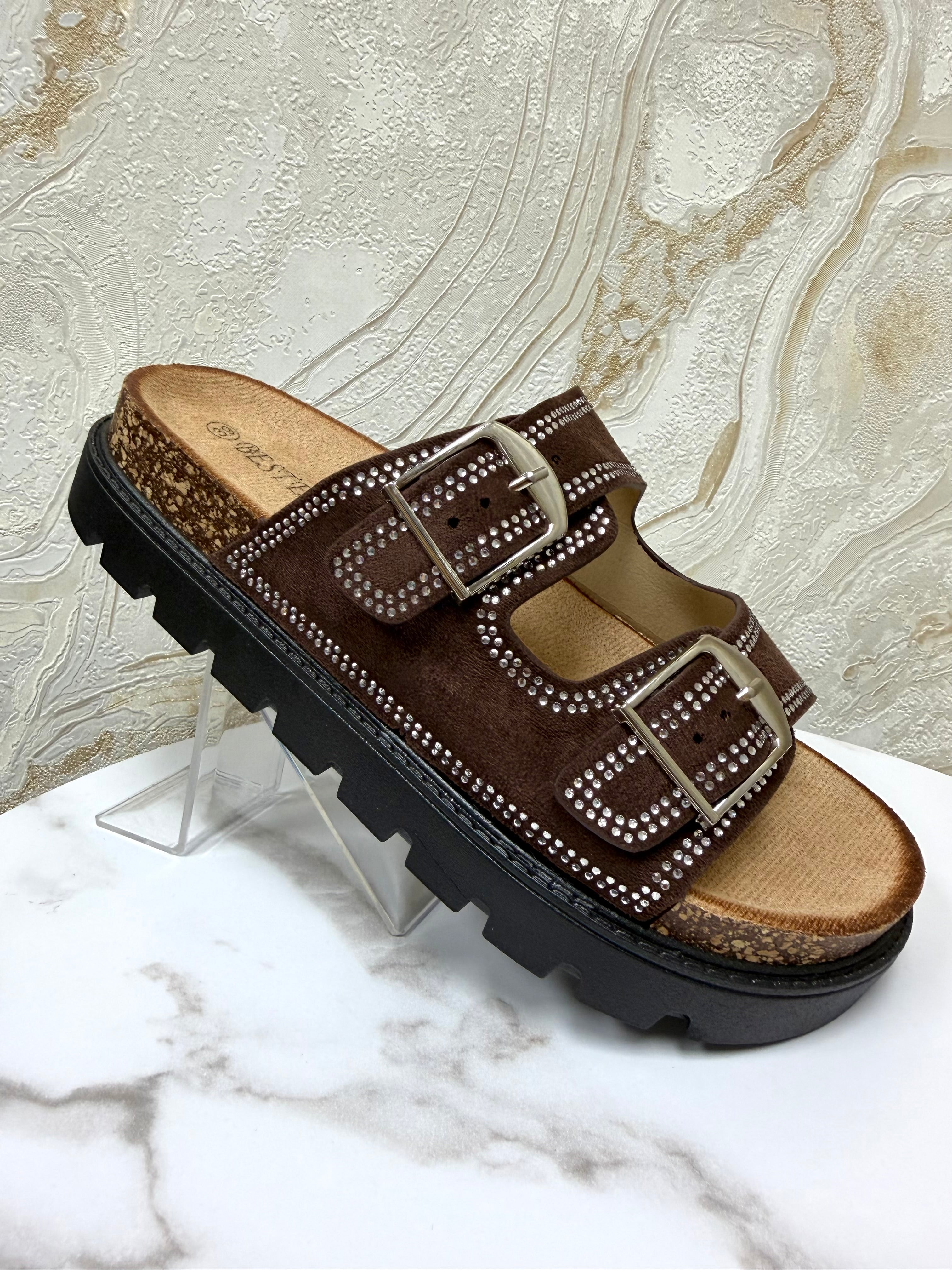 Diamanté Suede Buckle Slider - Chocolate Brown