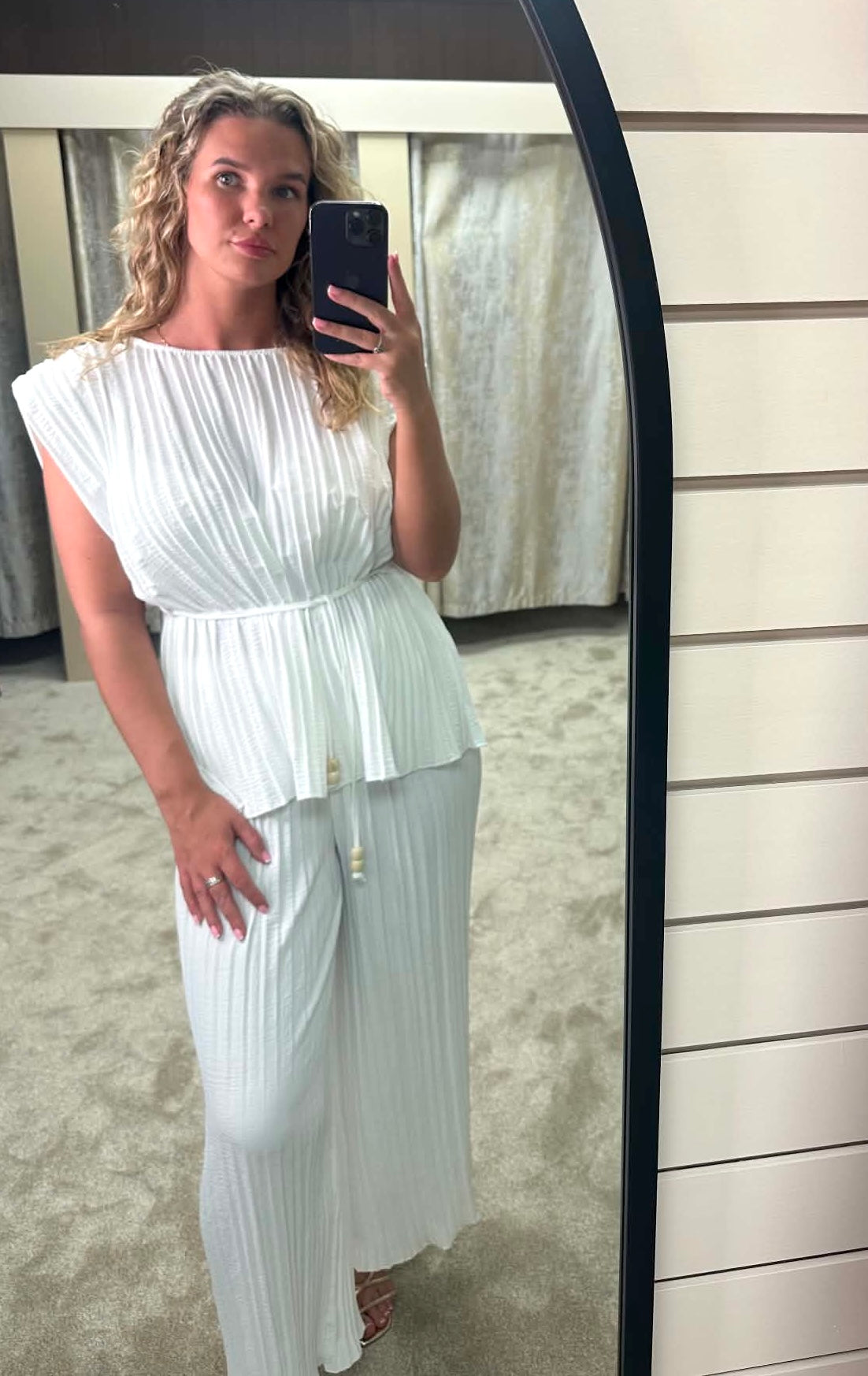Pleated Shoulder Pad Tie Waist Top & Trouser Co Ord