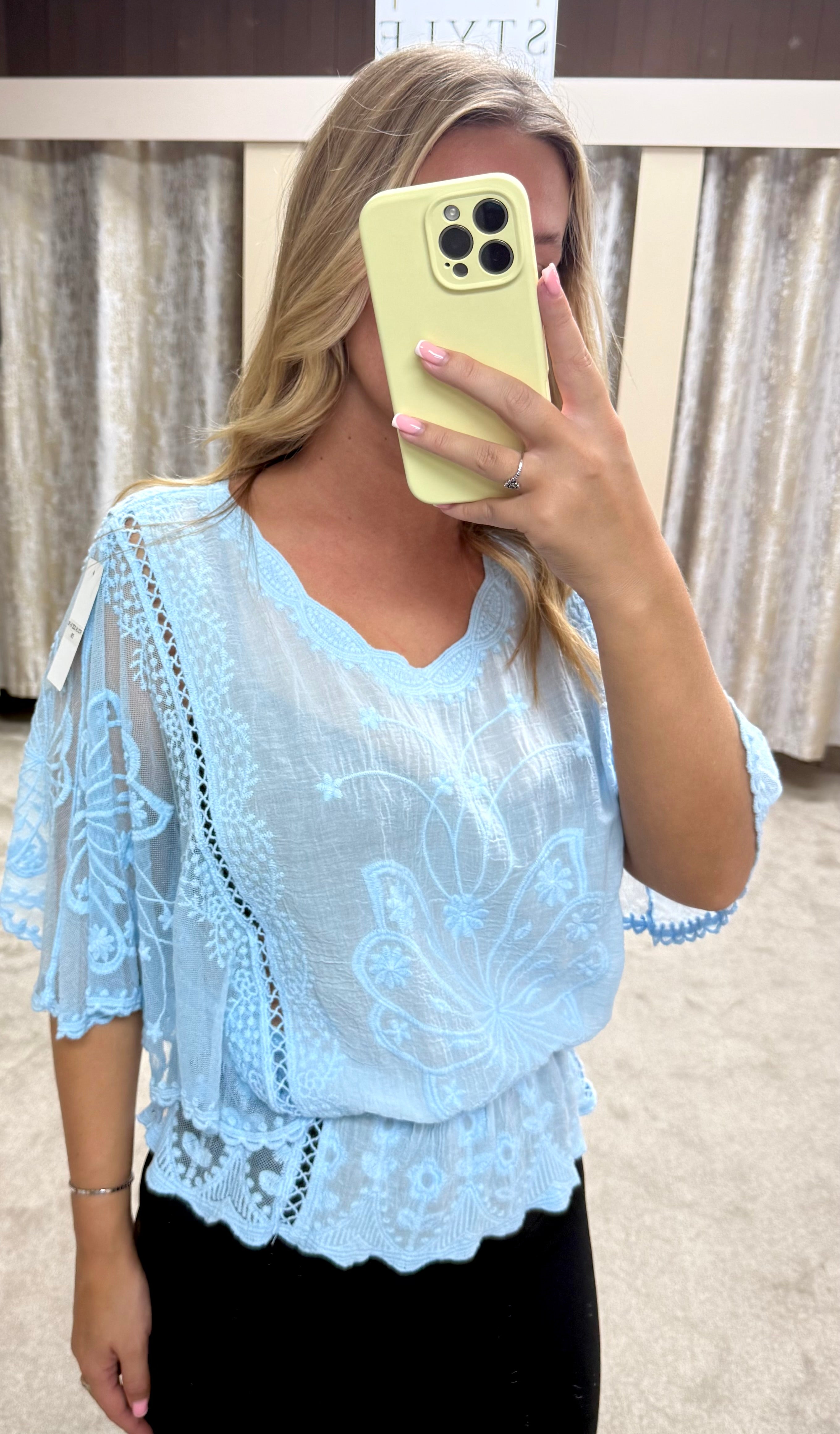 Butterly Embroidered Elasticated Waist Crochet Detail Top