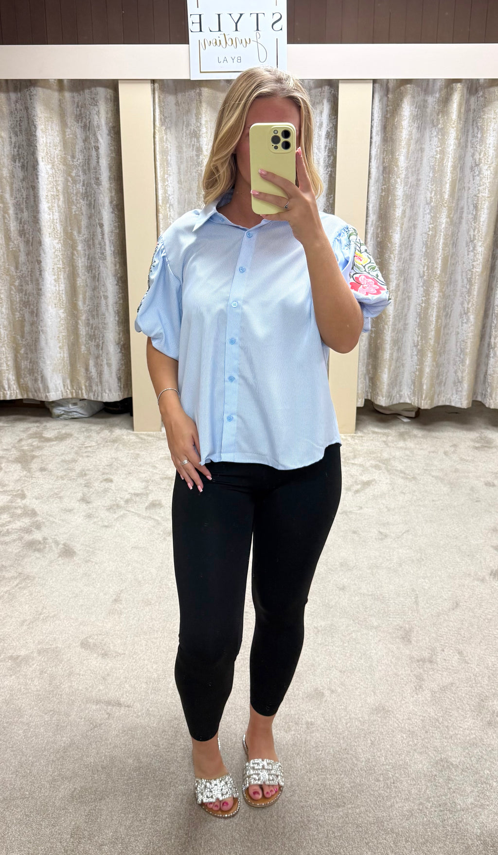 Blue Pinstripe Shirt With Flower Embroidered Sleeve Detail