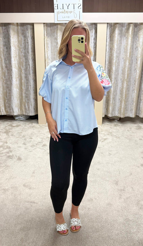 Blue Pinstripe Shirt With Flower Embroidered Sleeve Detail