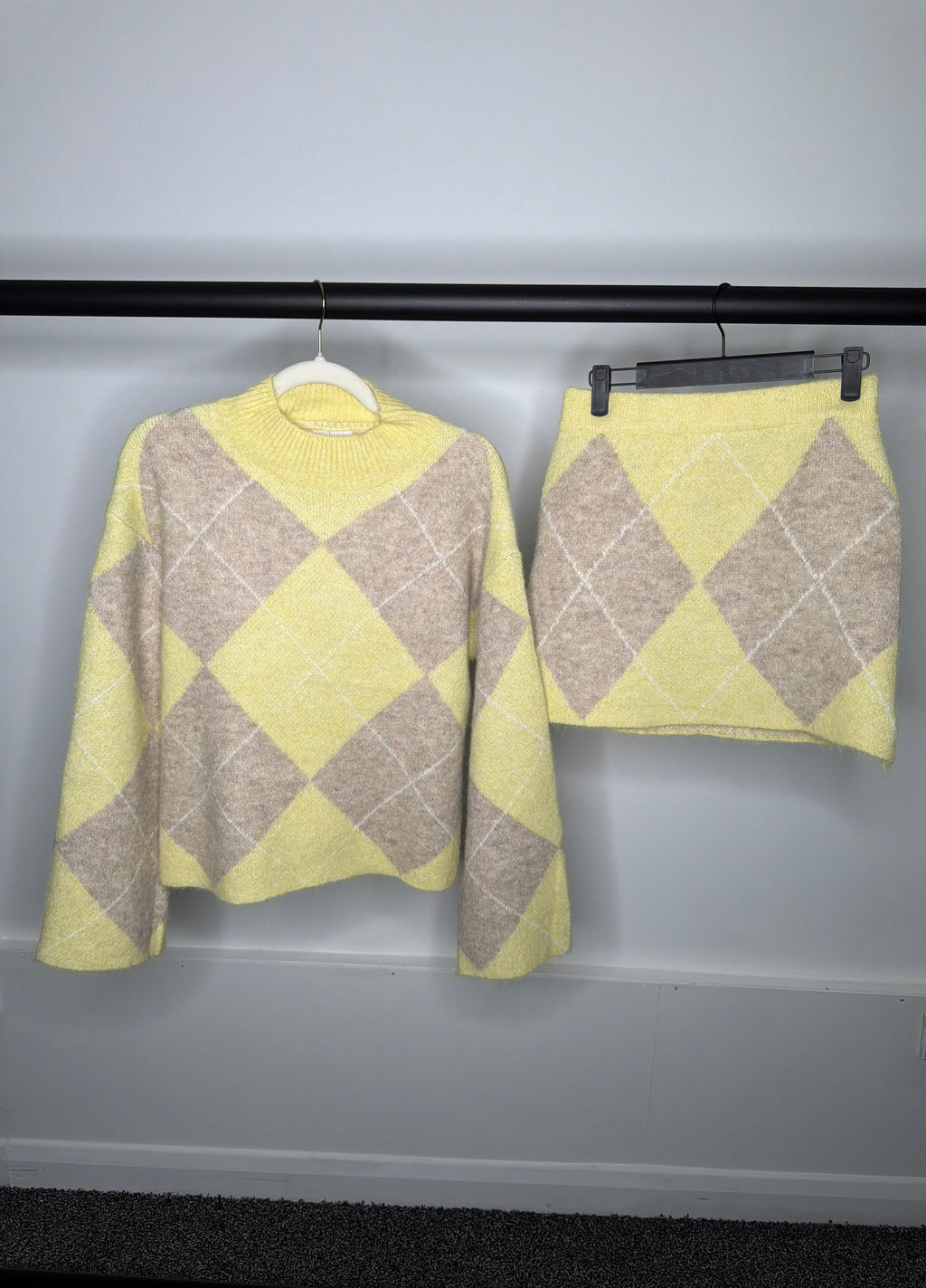 Diamond Check Pastel Soft Knit Jumper & Skirt Co Ord