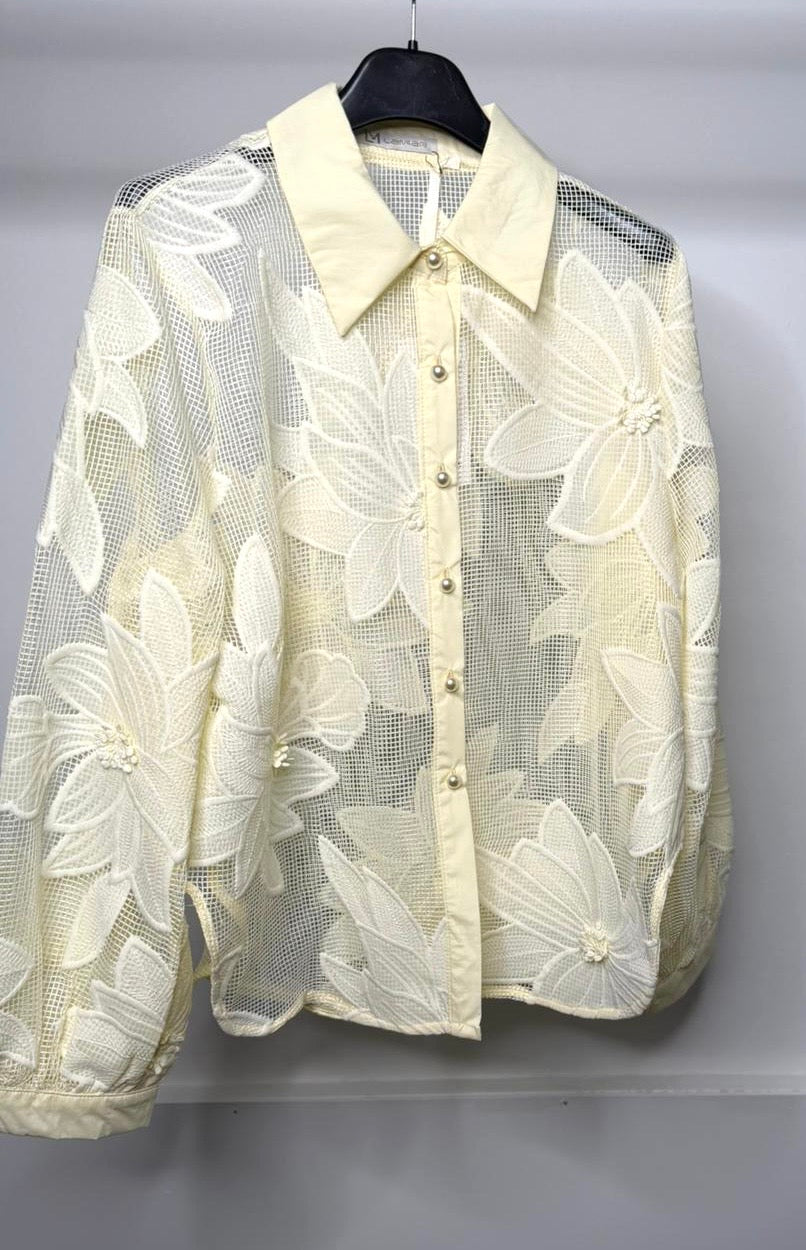 LUXE Mesh Flower Detail Oversized Shirt