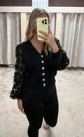 Crochet Detail Mesh Sleeve Cardigan With Diamanté Buttons