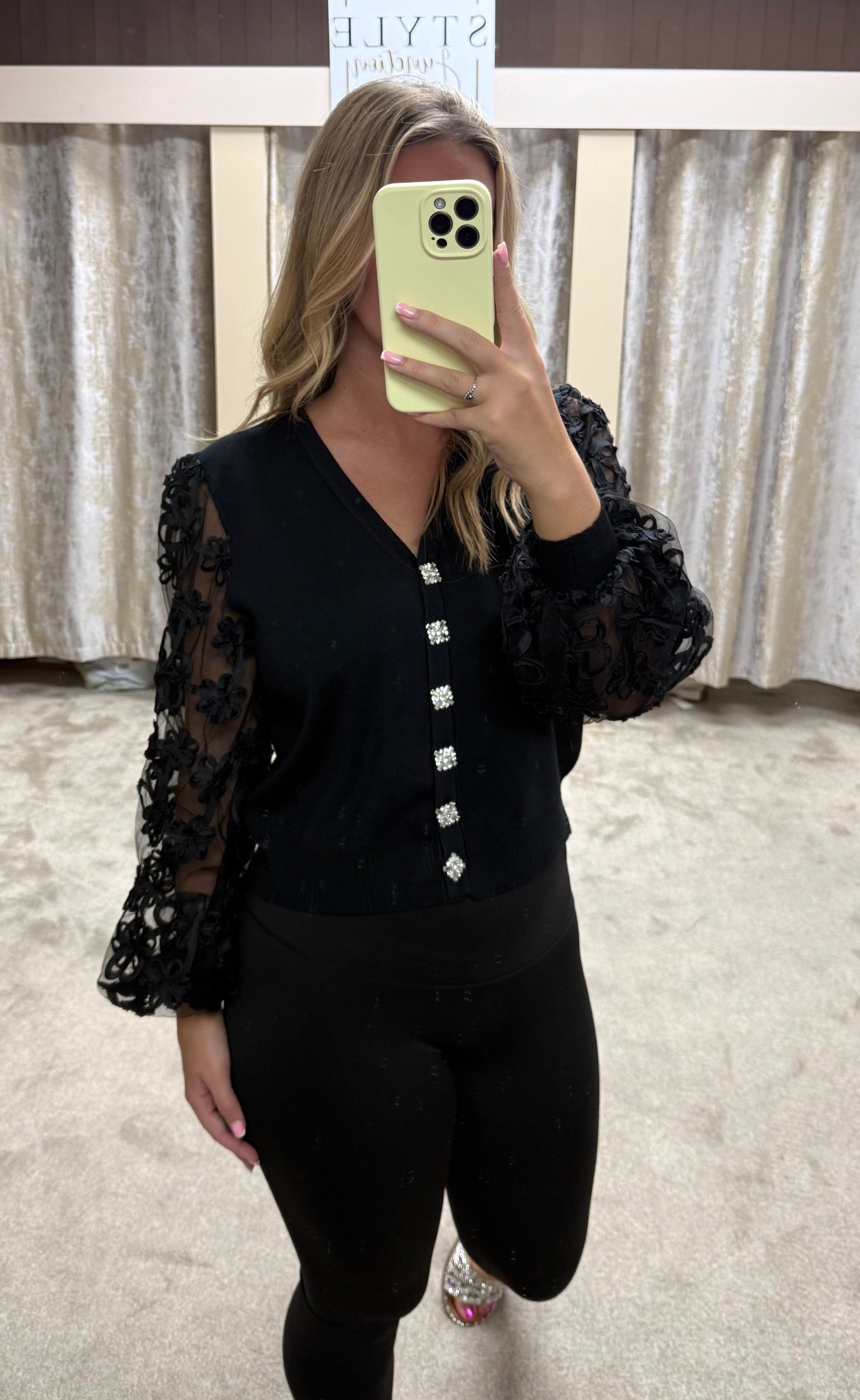 Crochet Detail Mesh Sleeve Cardigan With Diamanté Buttons