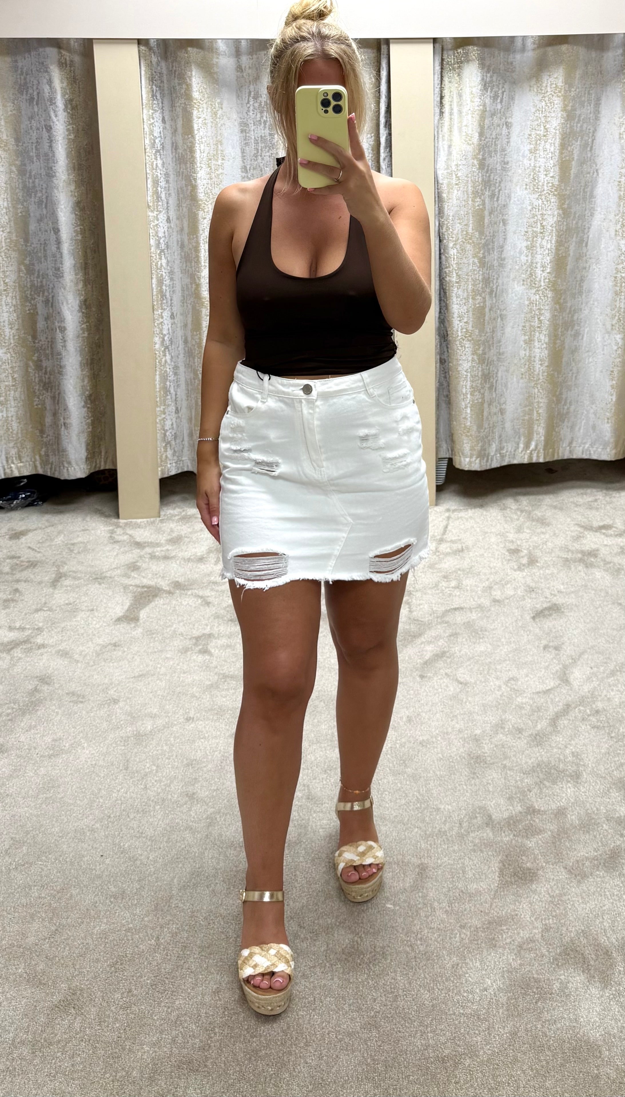 White Distressed Denim Skirt