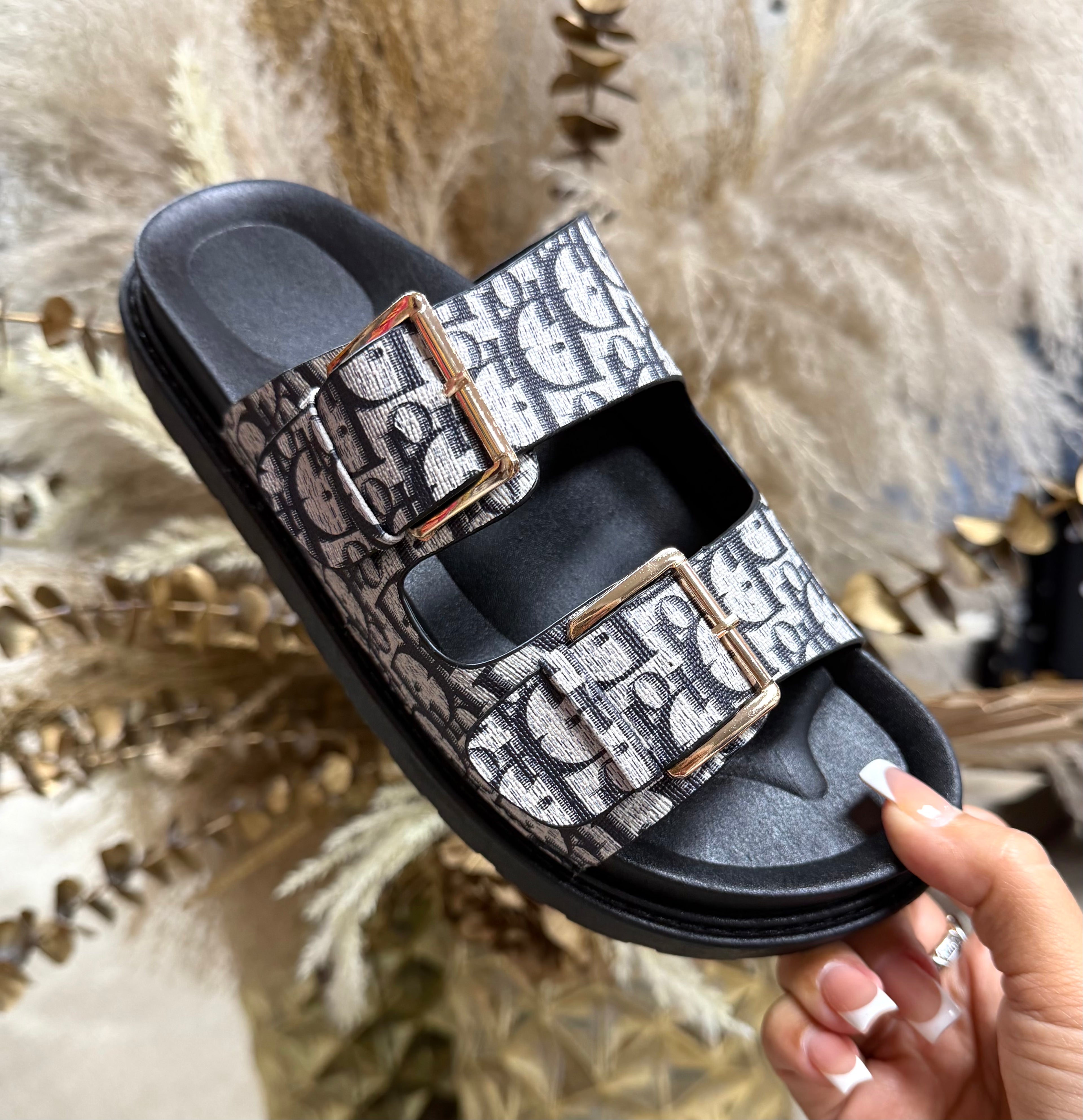 Dior Inspired Buckle Sliders - Black