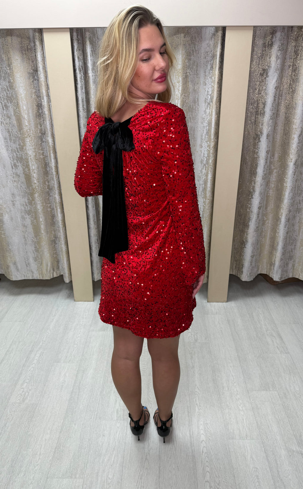Black Velvet Bow Detail Red Sequin Dress