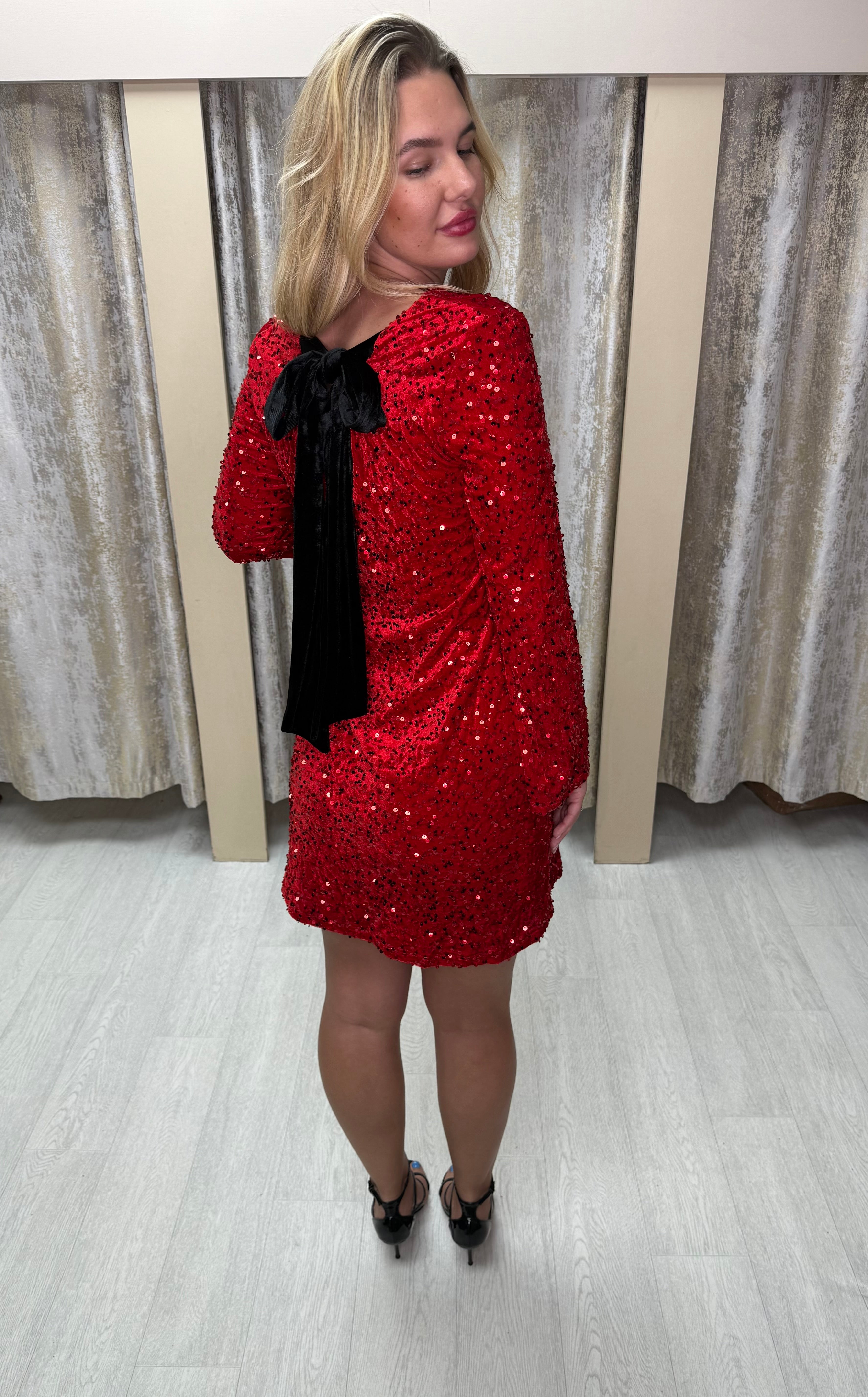 Black Velvet Bow Detail Red Sequin Dress