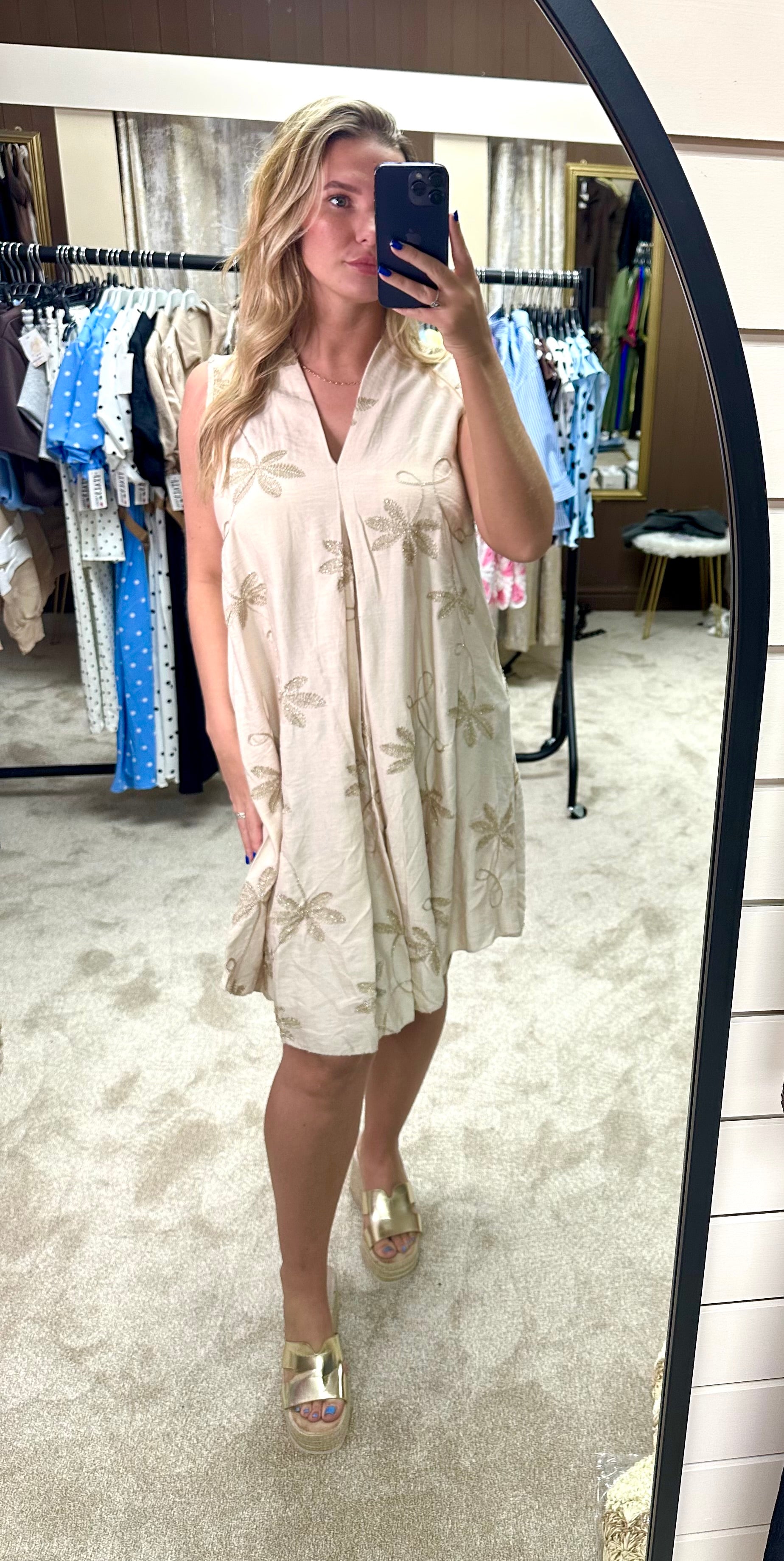 Metallic Gold Embroidered Flowy Linen Dress