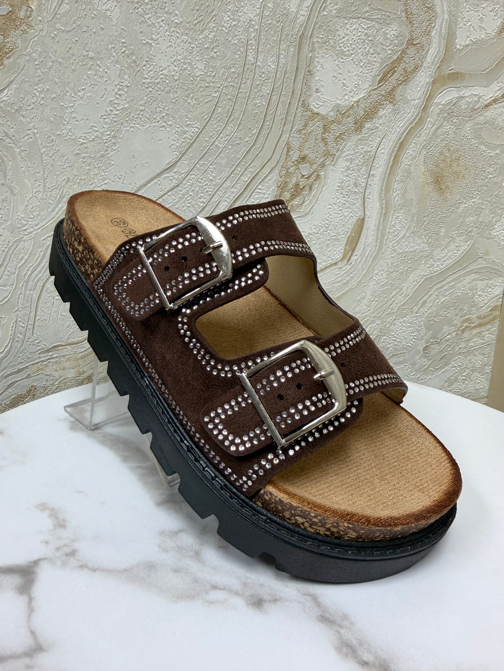 Diamanté Suede Buckle Slider - Chocolate Brown