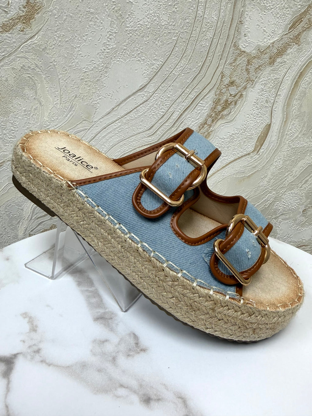 Denim & Tan Detail Buckle Espadrille Sliders