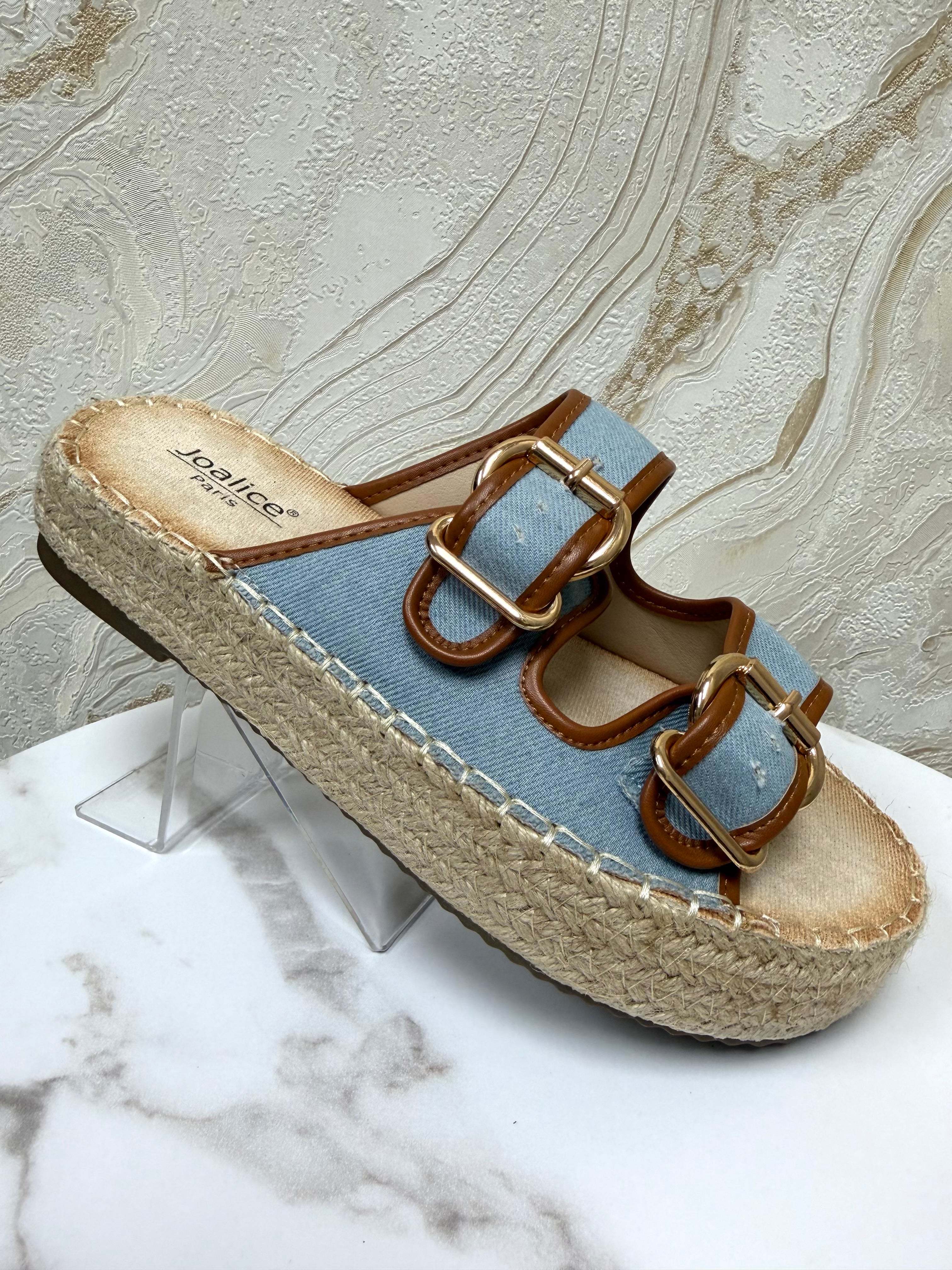Denim & Tan Detail Buckle Espadrille Sliders