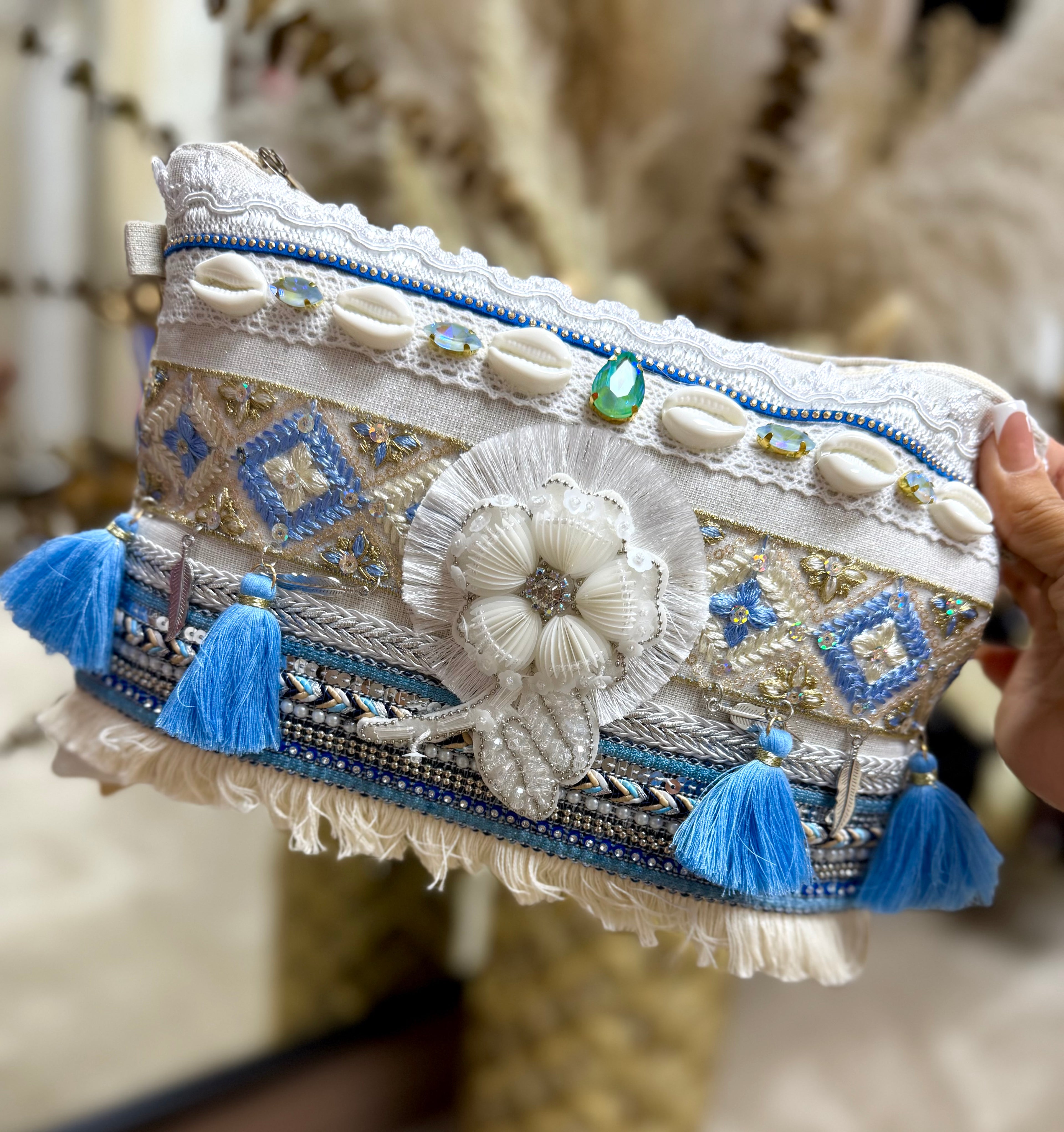Embellished Boho Clutch Bag - Blue Flower
