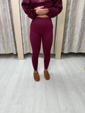 High Waisted Shaping Ribbed Leggings - Burgundy
