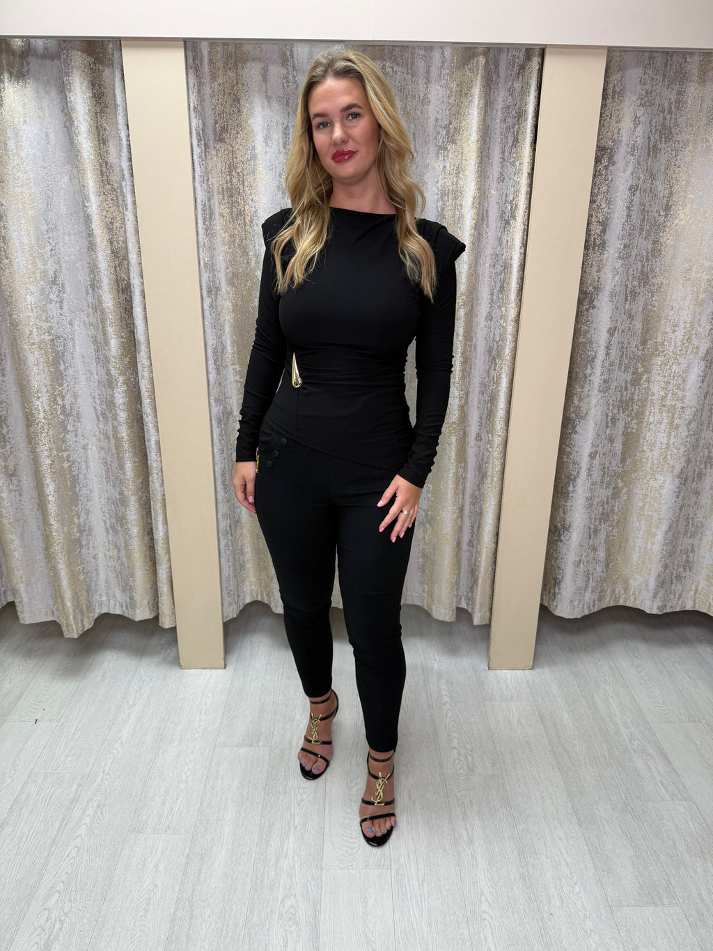 Asymmetric Side Split Long Sleeve Buckle Top with Shoulder Pads & Ruched Detailing