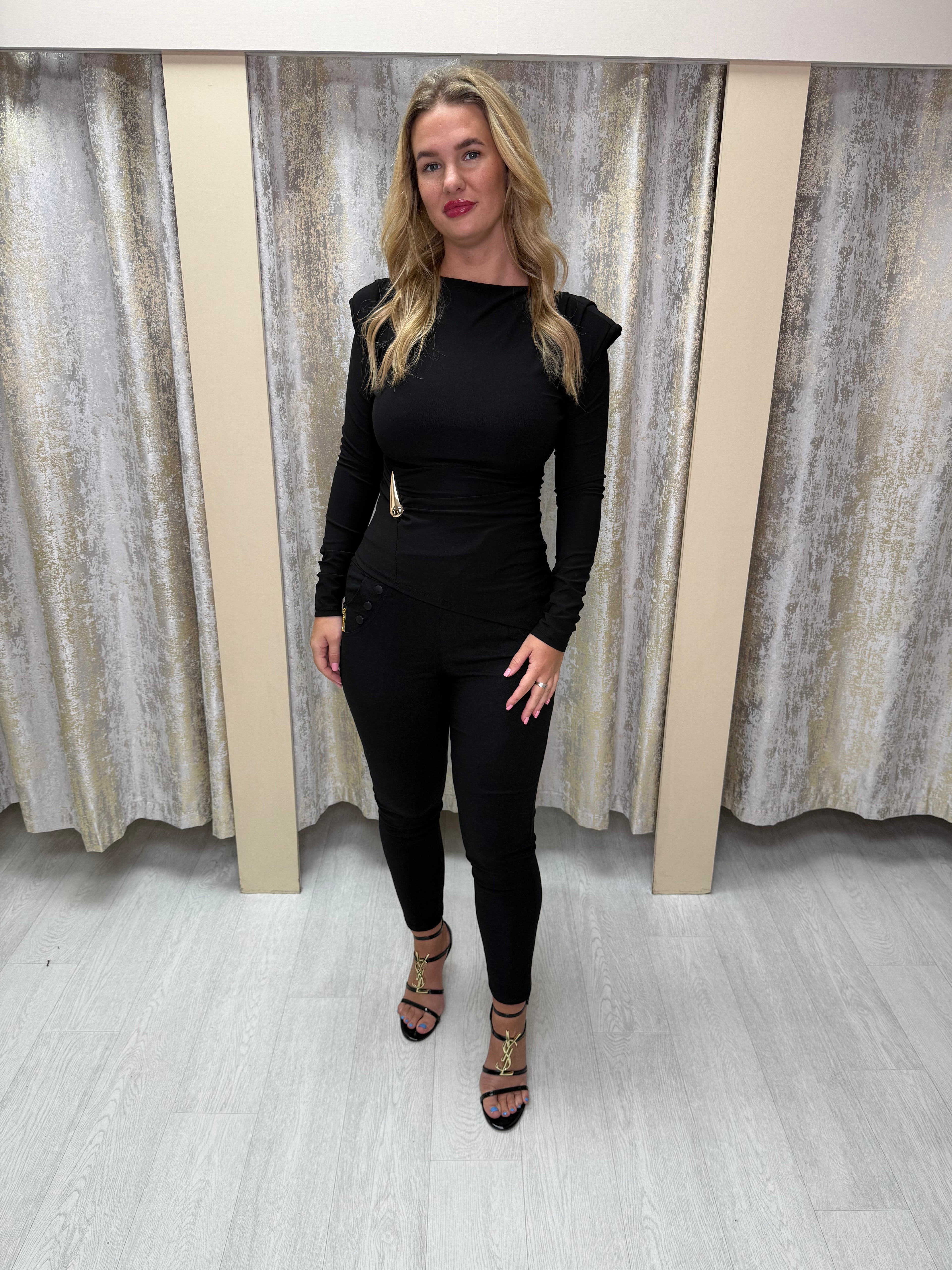 Asymmetric Side Split Long Sleeve Buckle Top with Shoulder Pads & Ruched Detailing