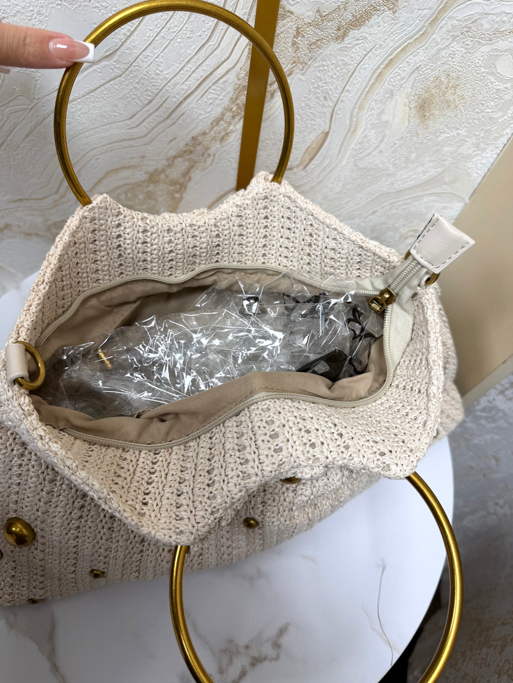 Gold Ring Handle Boho Woven Bag - Neutral