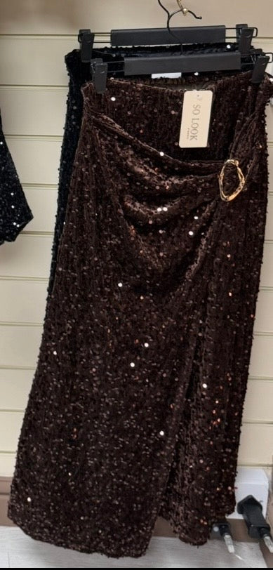 Gold Buckle Velvet Sequin Wrap Midi Skirt