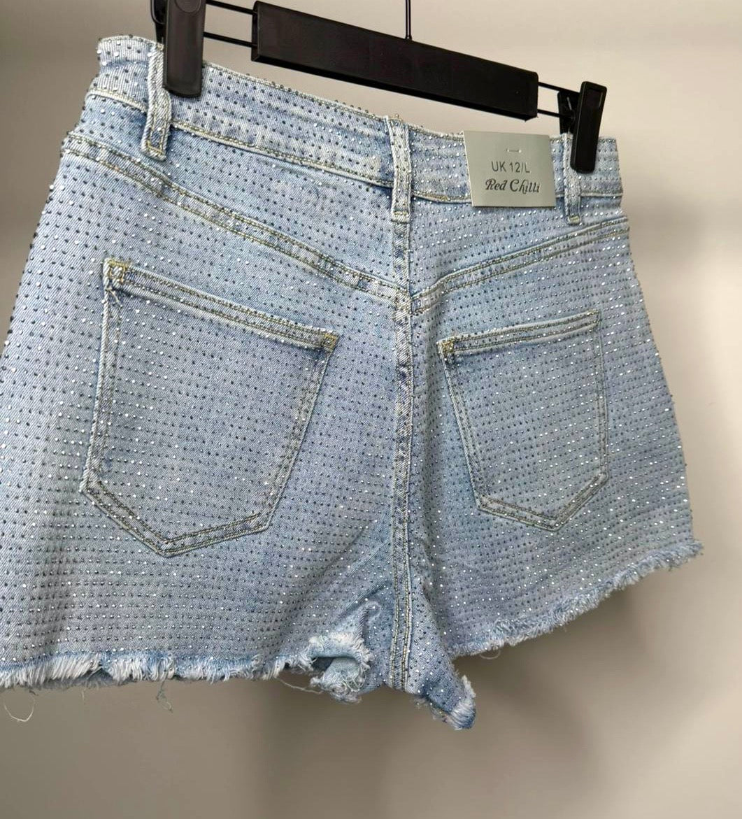 Diamanté Stretchy Denim Shorts with Frayed Hem