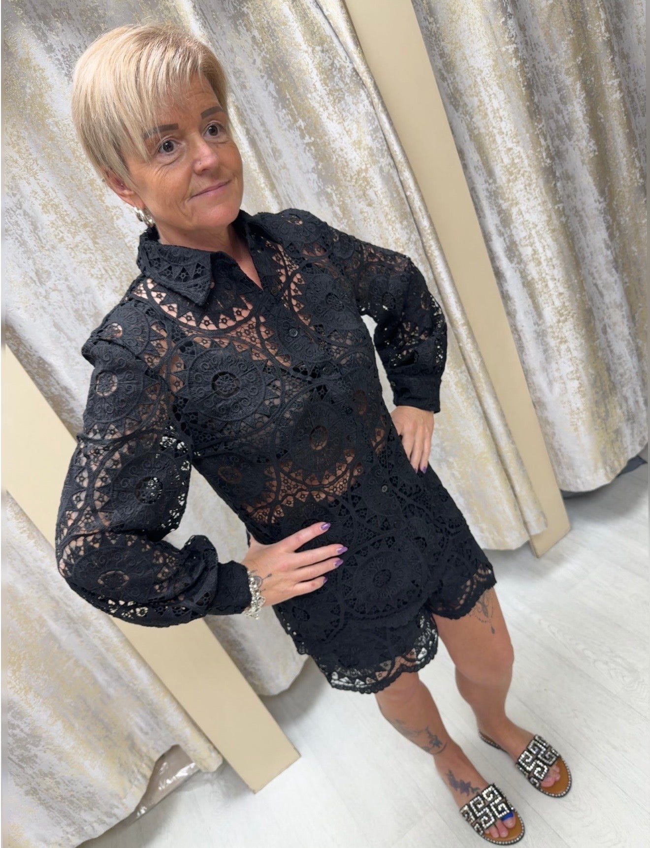 LUXE Lace Crochet Shirt & Shorts Co Ord