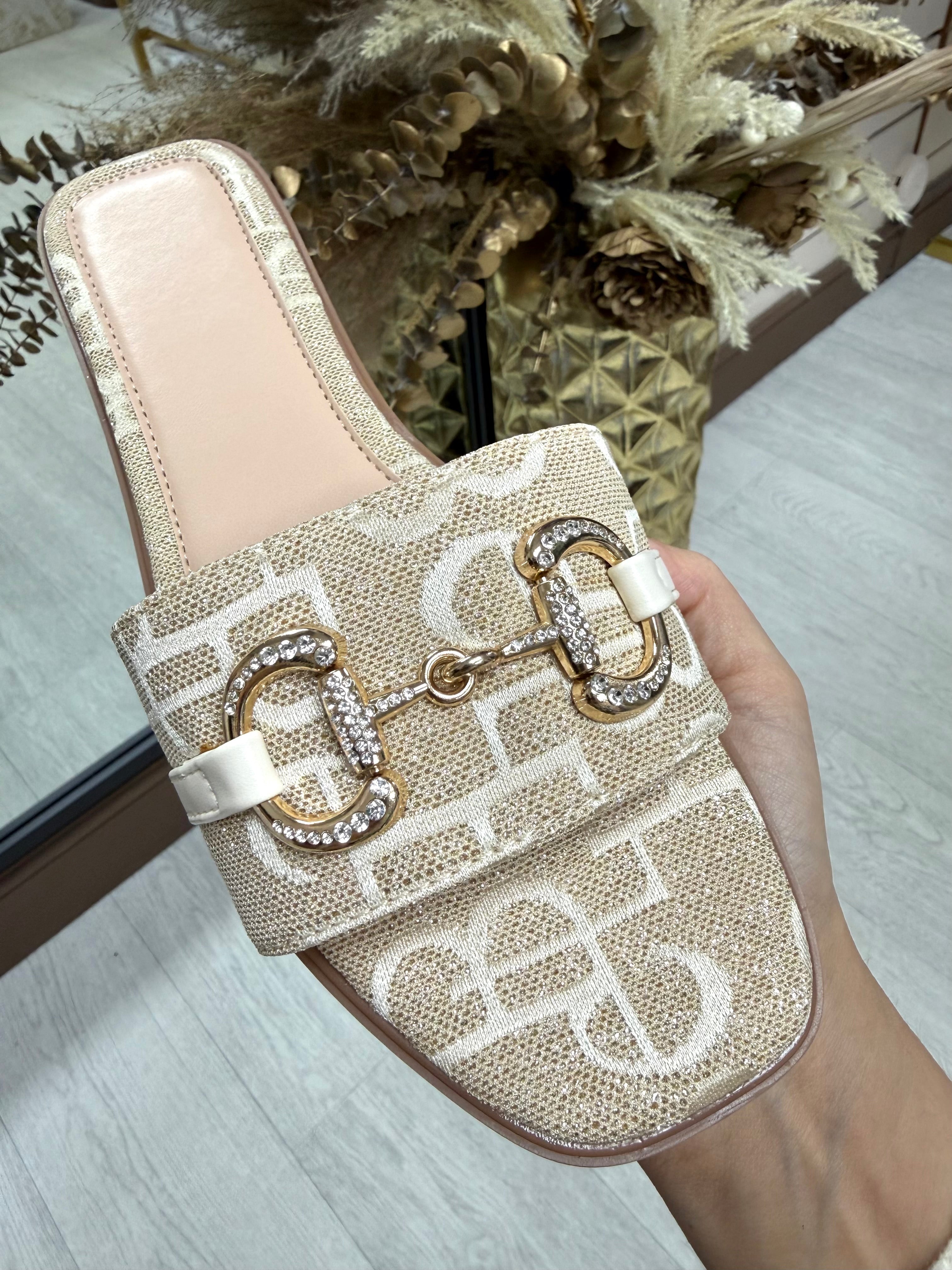 Diamanté Horsebit Slider in Glitter Champagne Gold